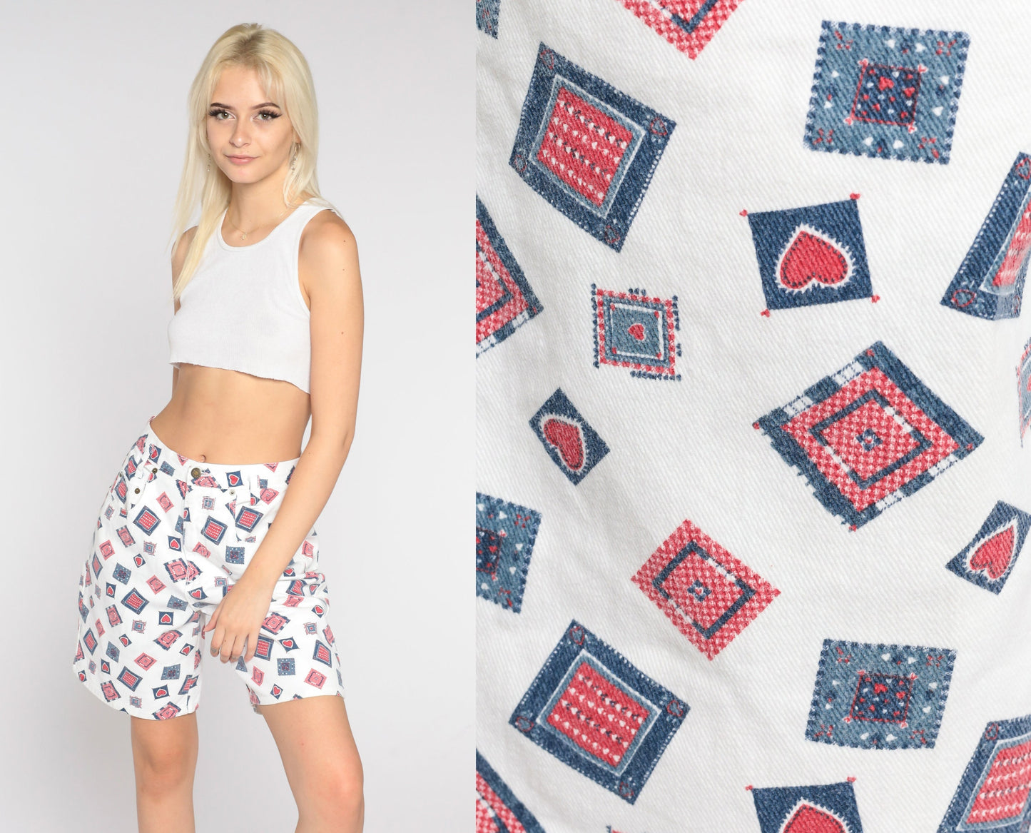90s Patchwork Heart Shorts White Cotton High Waisted Wide Leg Medium