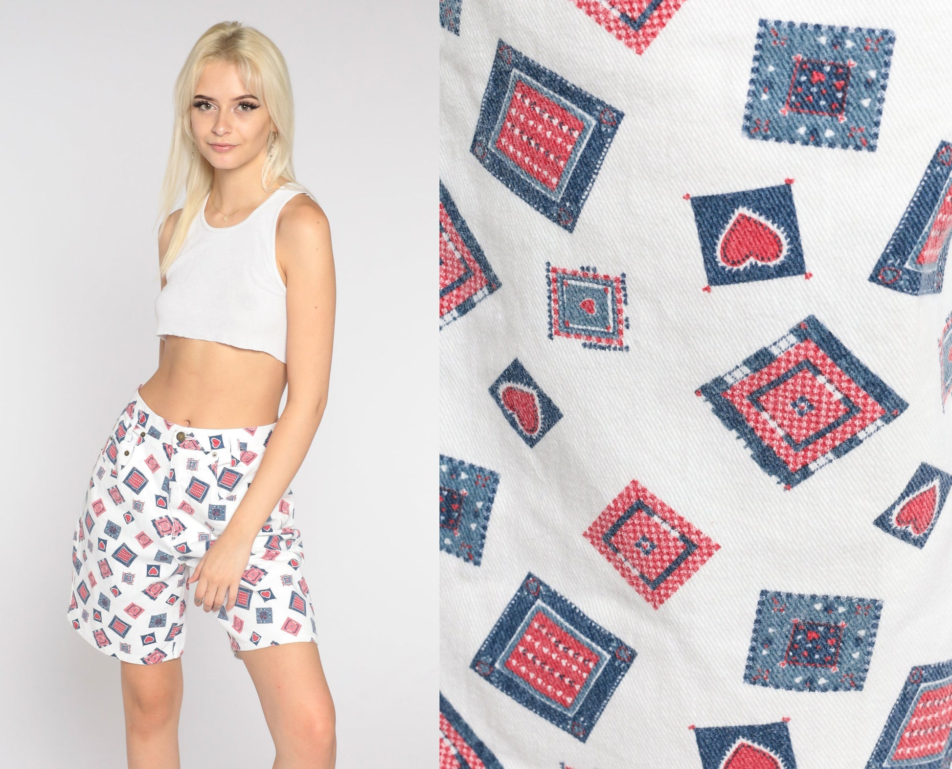 90s Patchwork Heart Shorts White Cotton High Waisted Wide Leg Medium