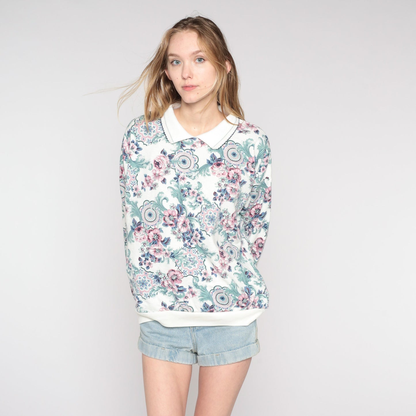 80s Floral Collared Sweatshirt All Over Print White Pink Green Extra Extra Large XXL