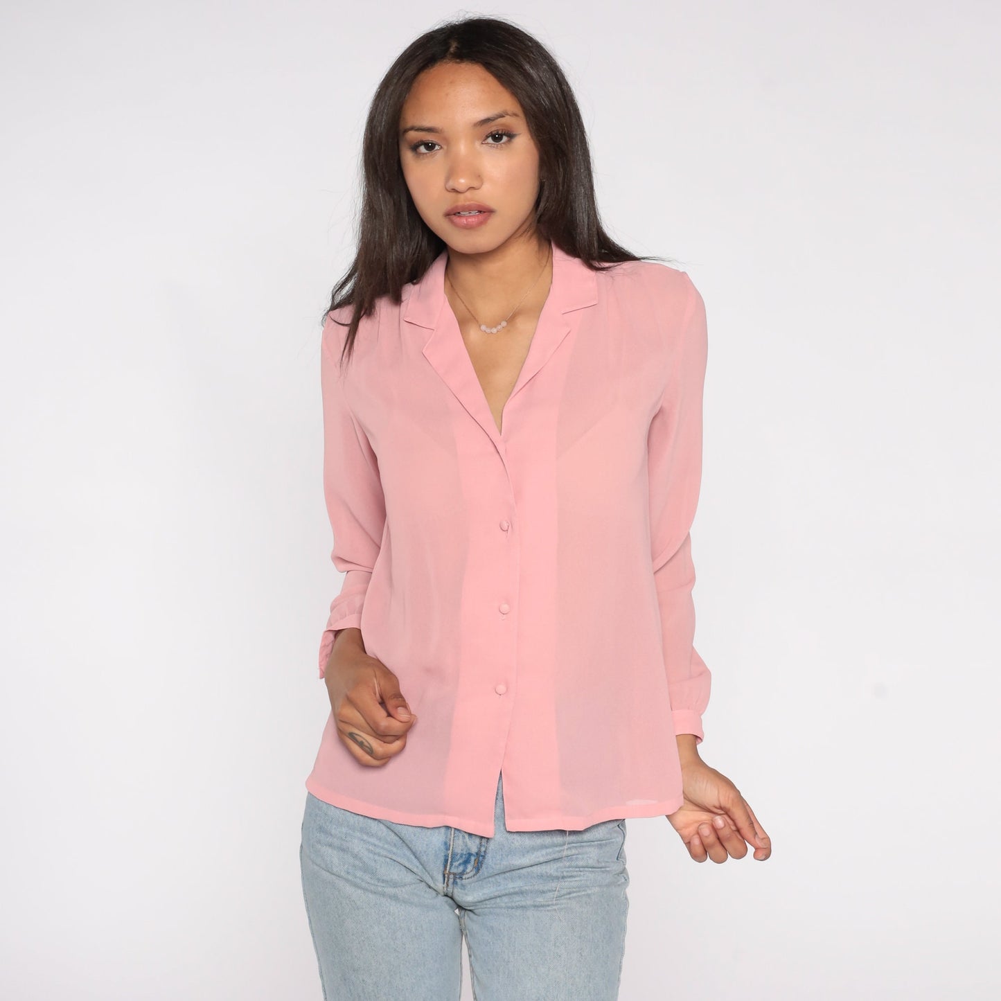 80s Pink Chiffon Blouse Long Sleeve Button Up Sheer Shirt Small