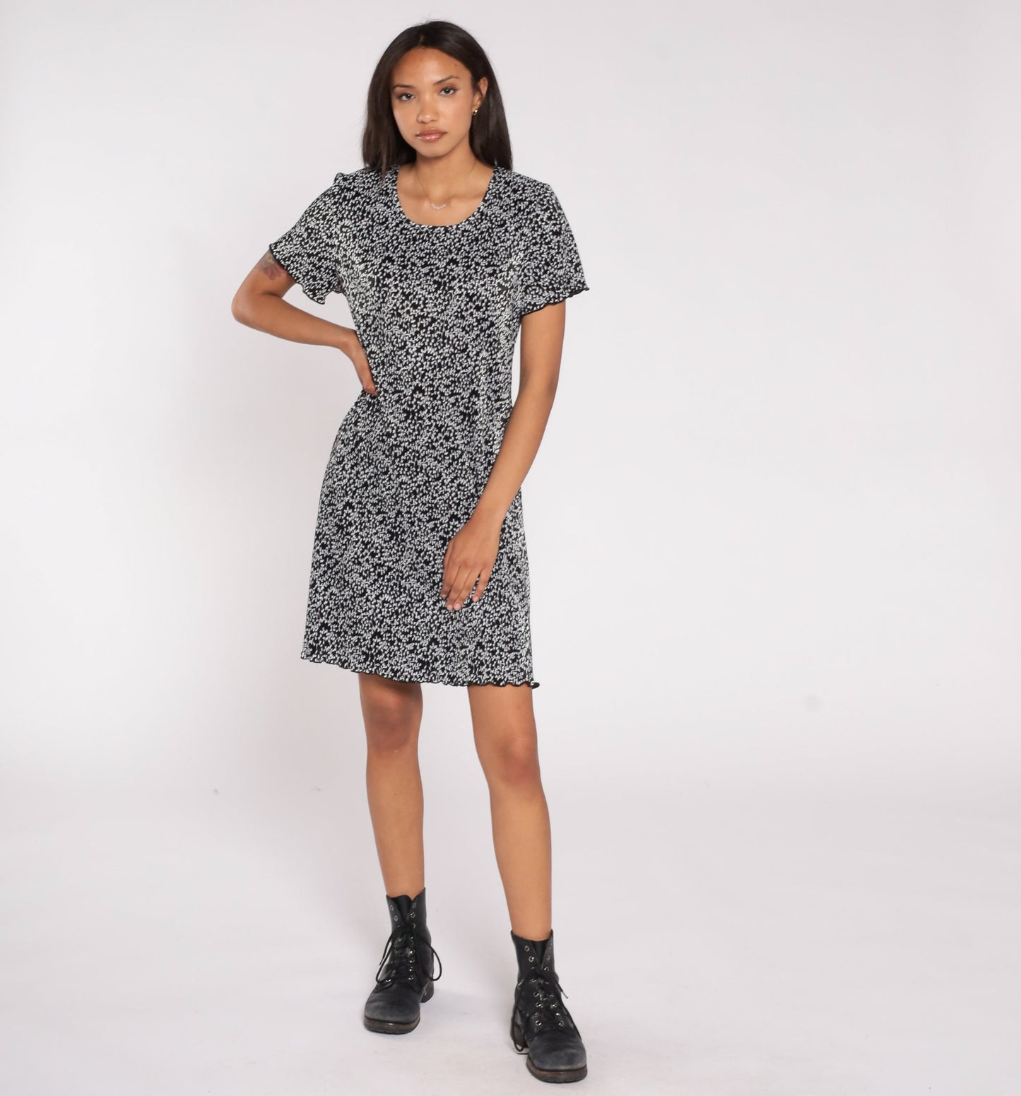 90s Black White Vine Print Mini Dress Shift Short Sleeve Medium