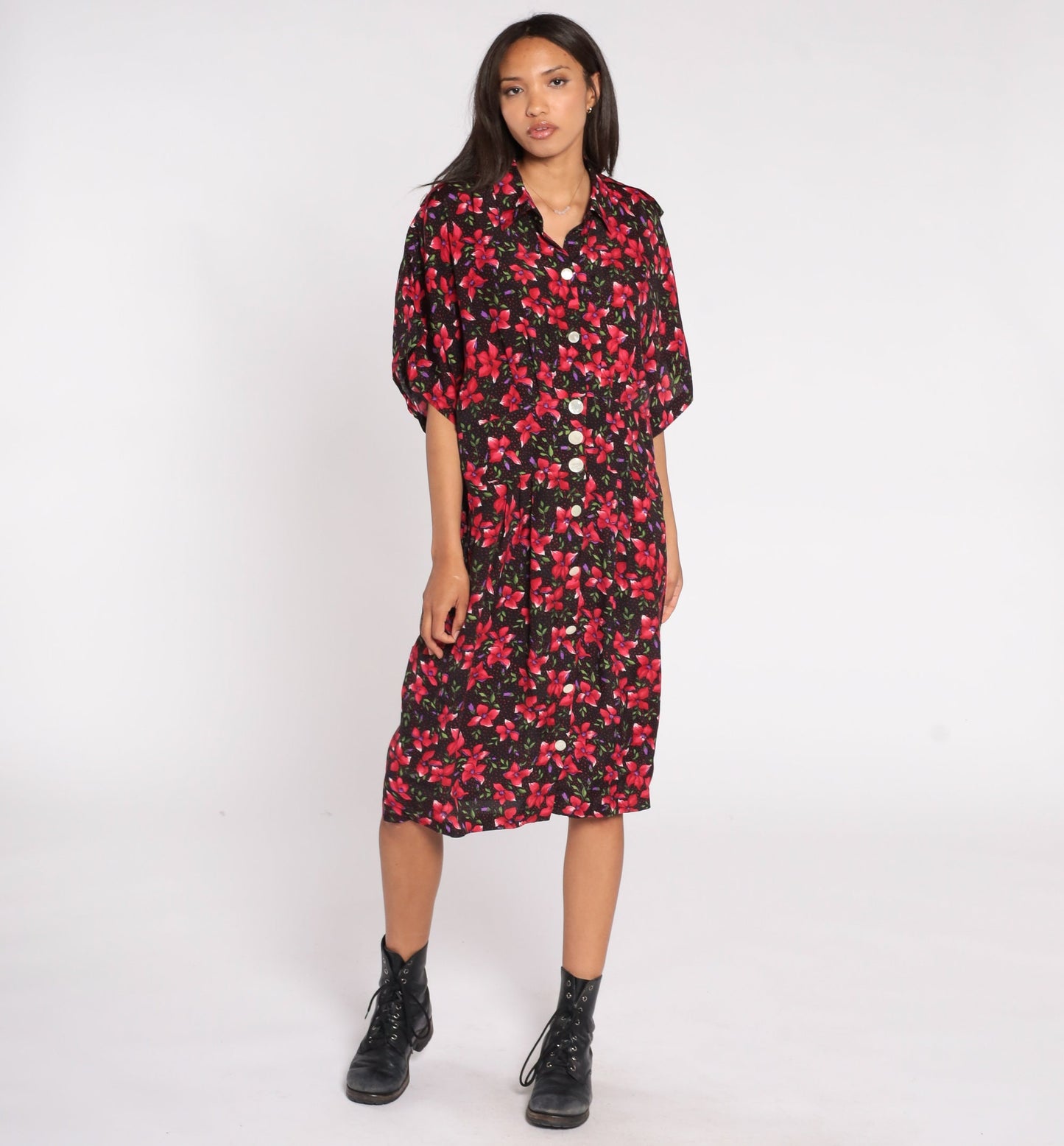 80s Floral Shirtdress Black Red Epaulette Midi Pleated Rayon Large L