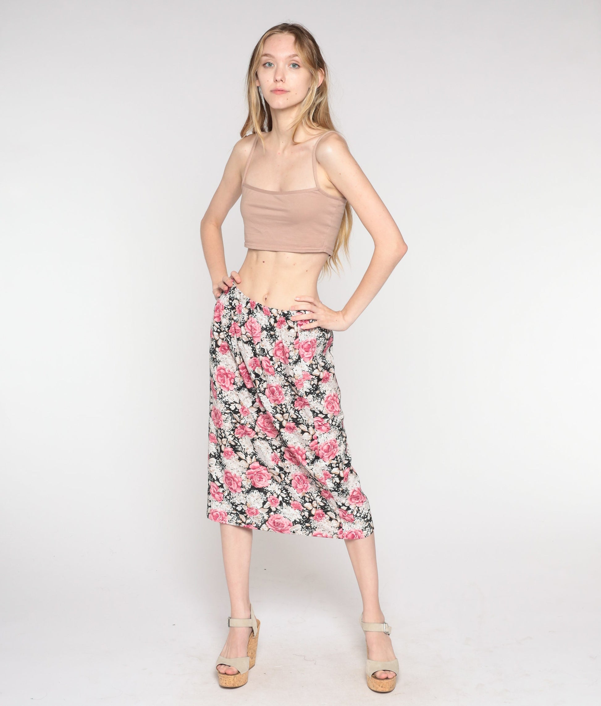 90s Floral Midi Skirt Pink Black High Waist Rayon Small Medium