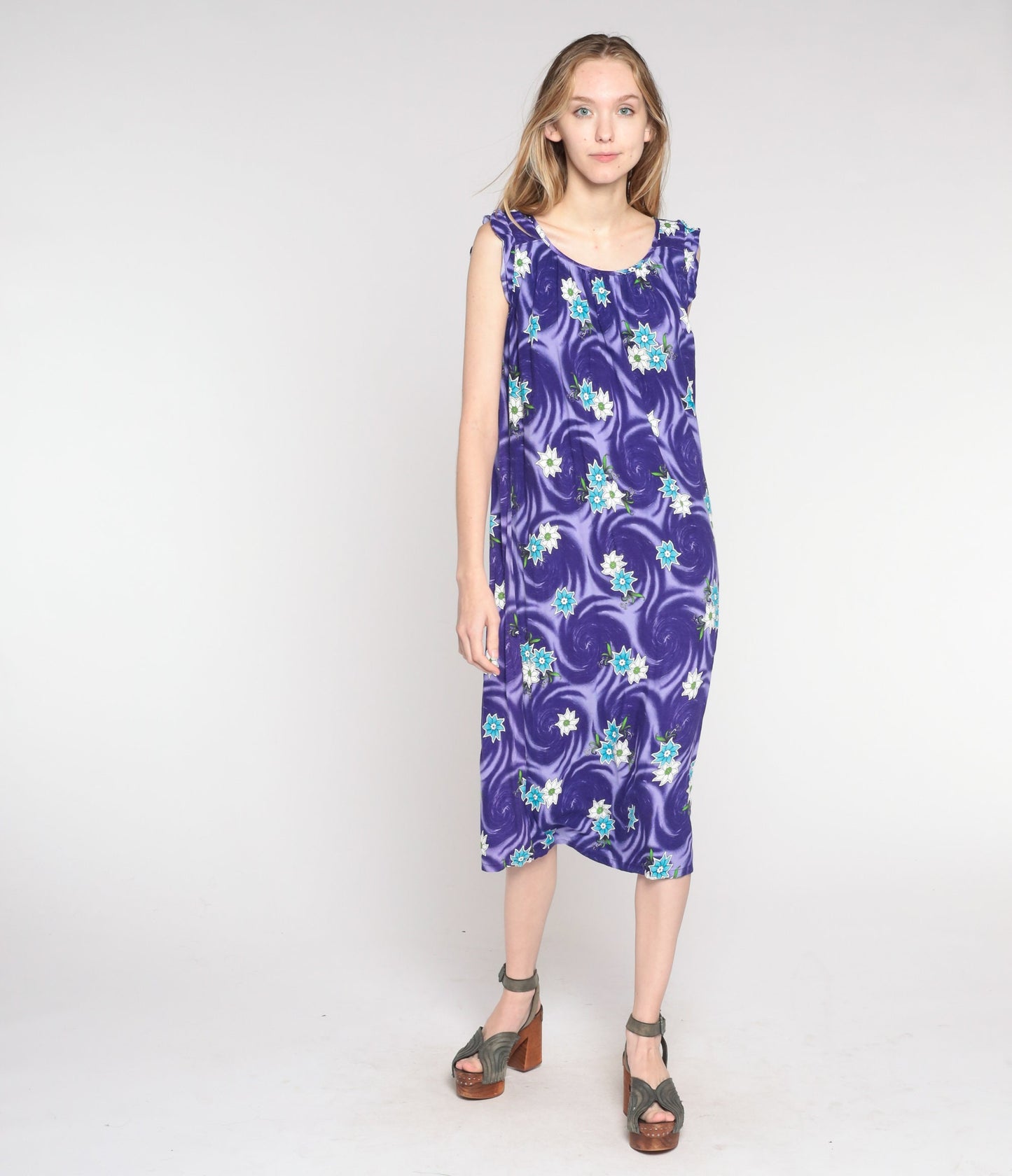 00s Purple Floral Swirl Midi Shift Dress Cap Sleeve Large L