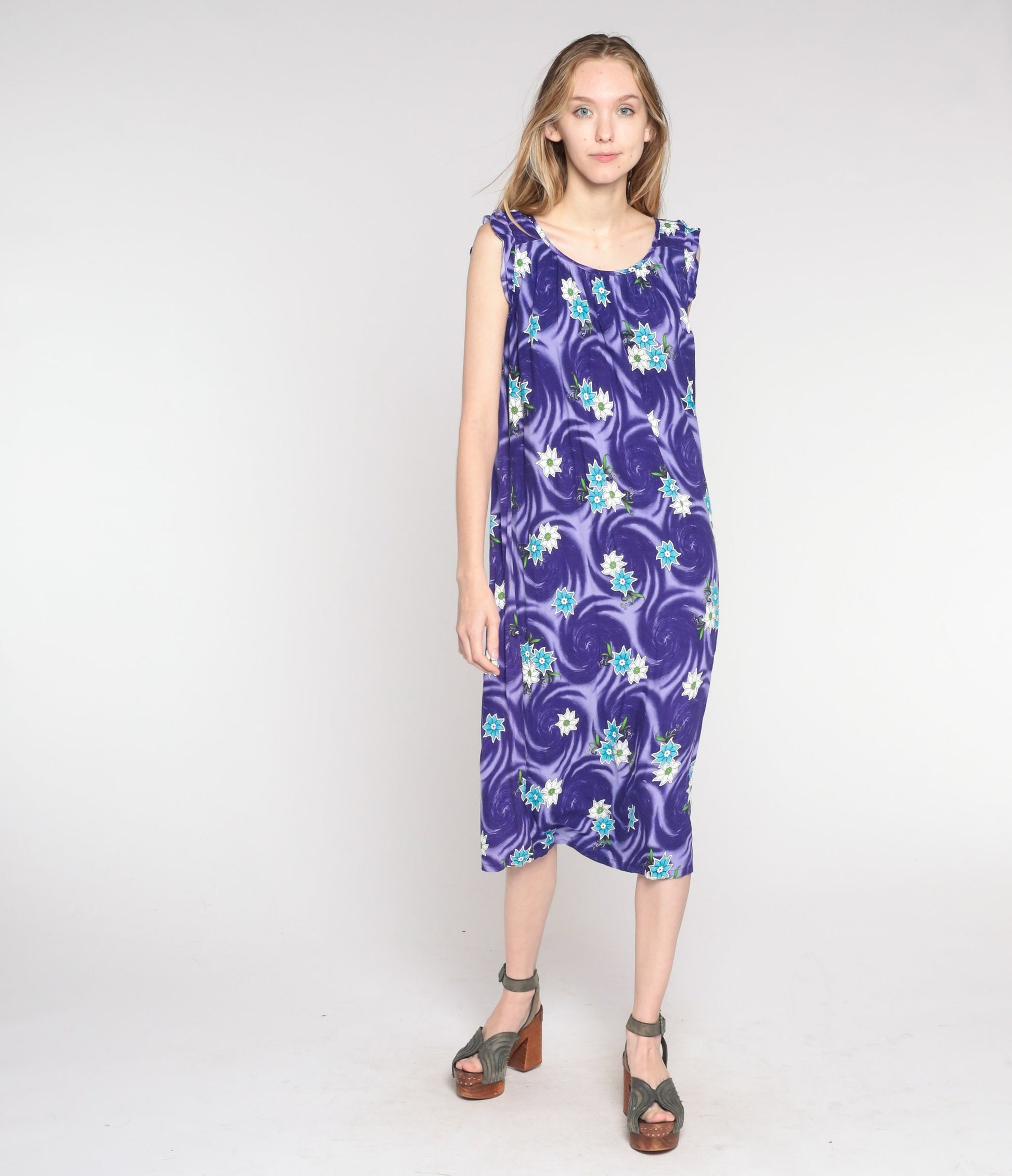 00s Purple Floral Swirl Midi Shift Dress Cap Sleeve Large L