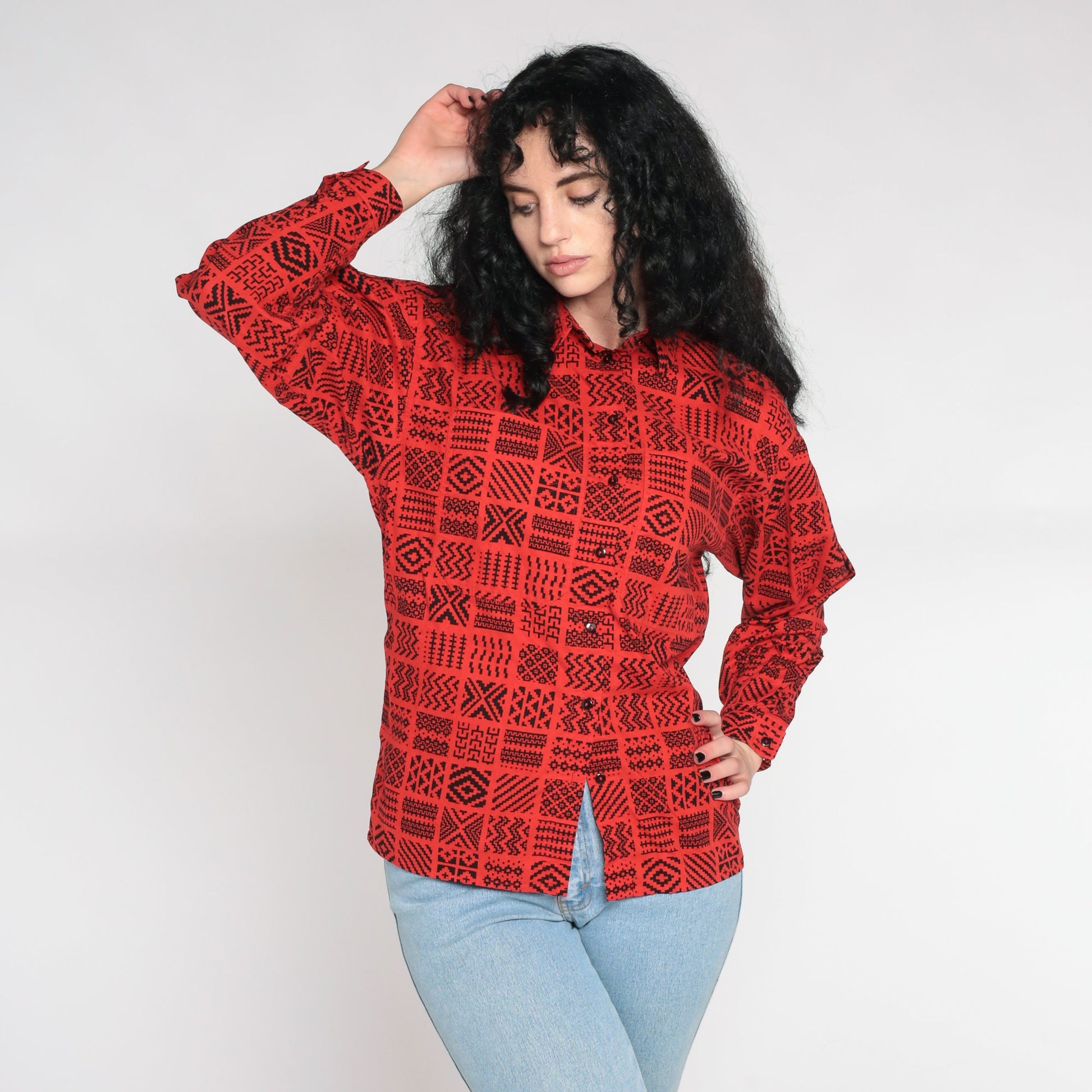 80s Liz Claiborne Geometric Button Up Shirt Red Southwestern Zig Zag Small