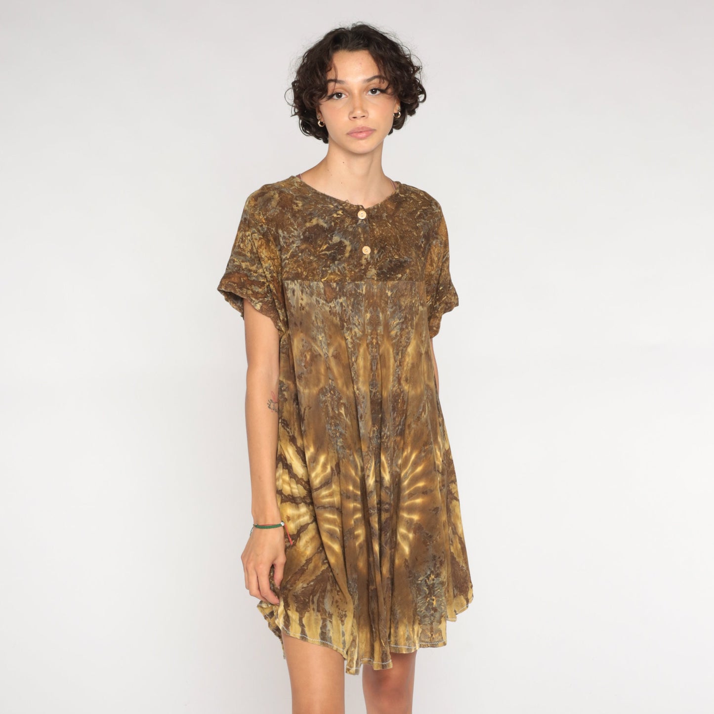 90s Tie Dye Mini Dress Brown Tent Cut Empire Waist Rayon Large