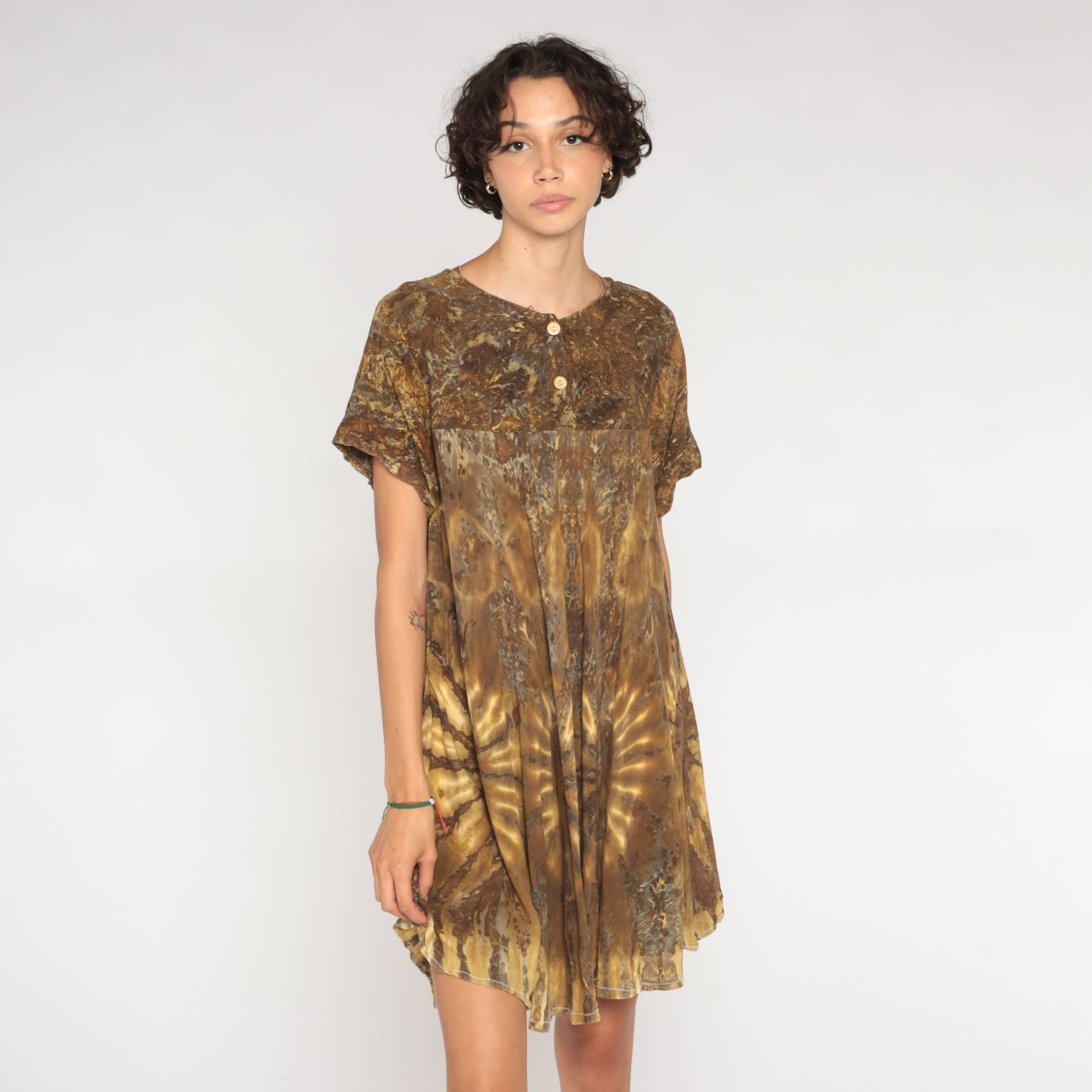 90s Tie Dye Mini Dress Brown Tent Cut Empire Waist Rayon Large