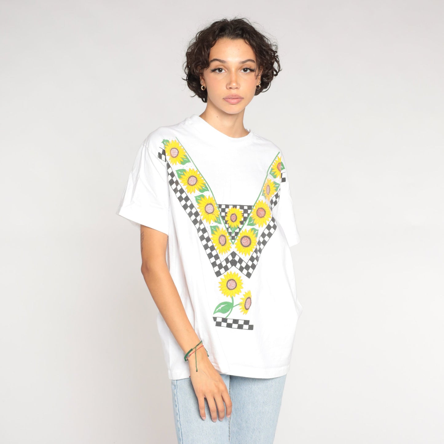 90s Sunflower Checkered Graphic T-Shirt White Cotton Single Stitch Large