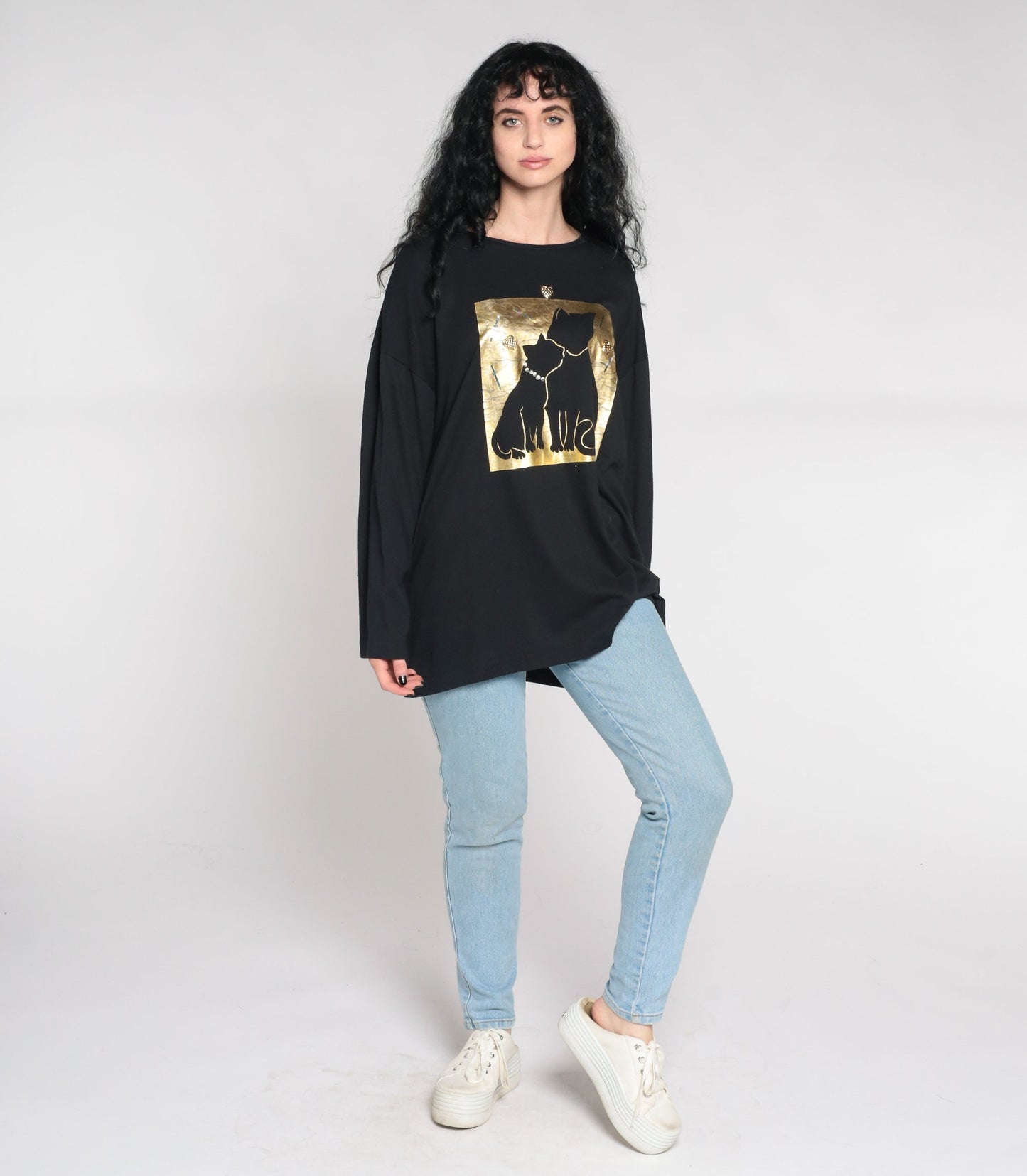 90s Cat Mama Baby Kitten Graphic Tee Gold Metallic Heart Black Extra Large