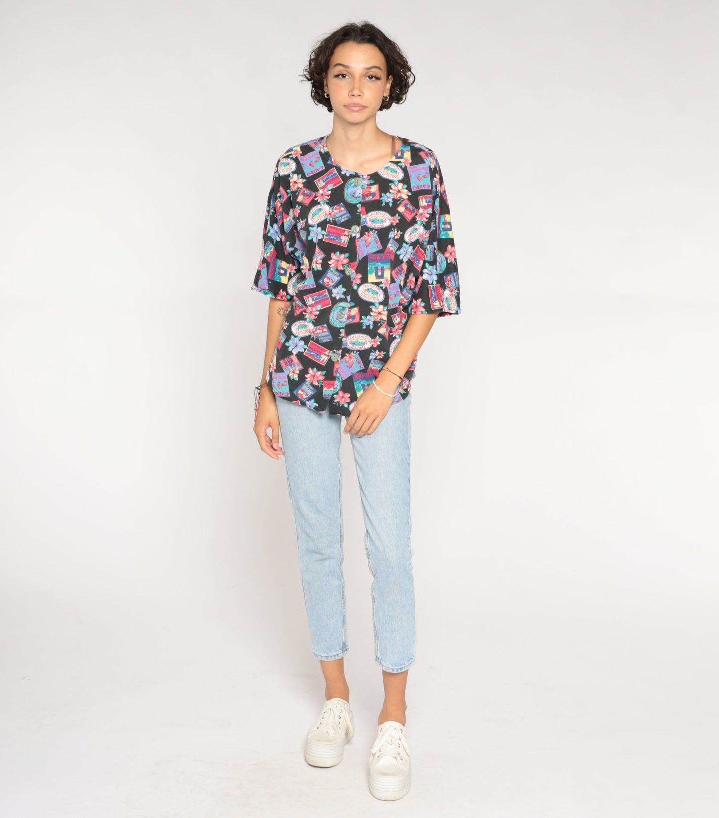 90s Tropical Travel Print Button-Up Shirt Black Graphic Blouse Extra Large