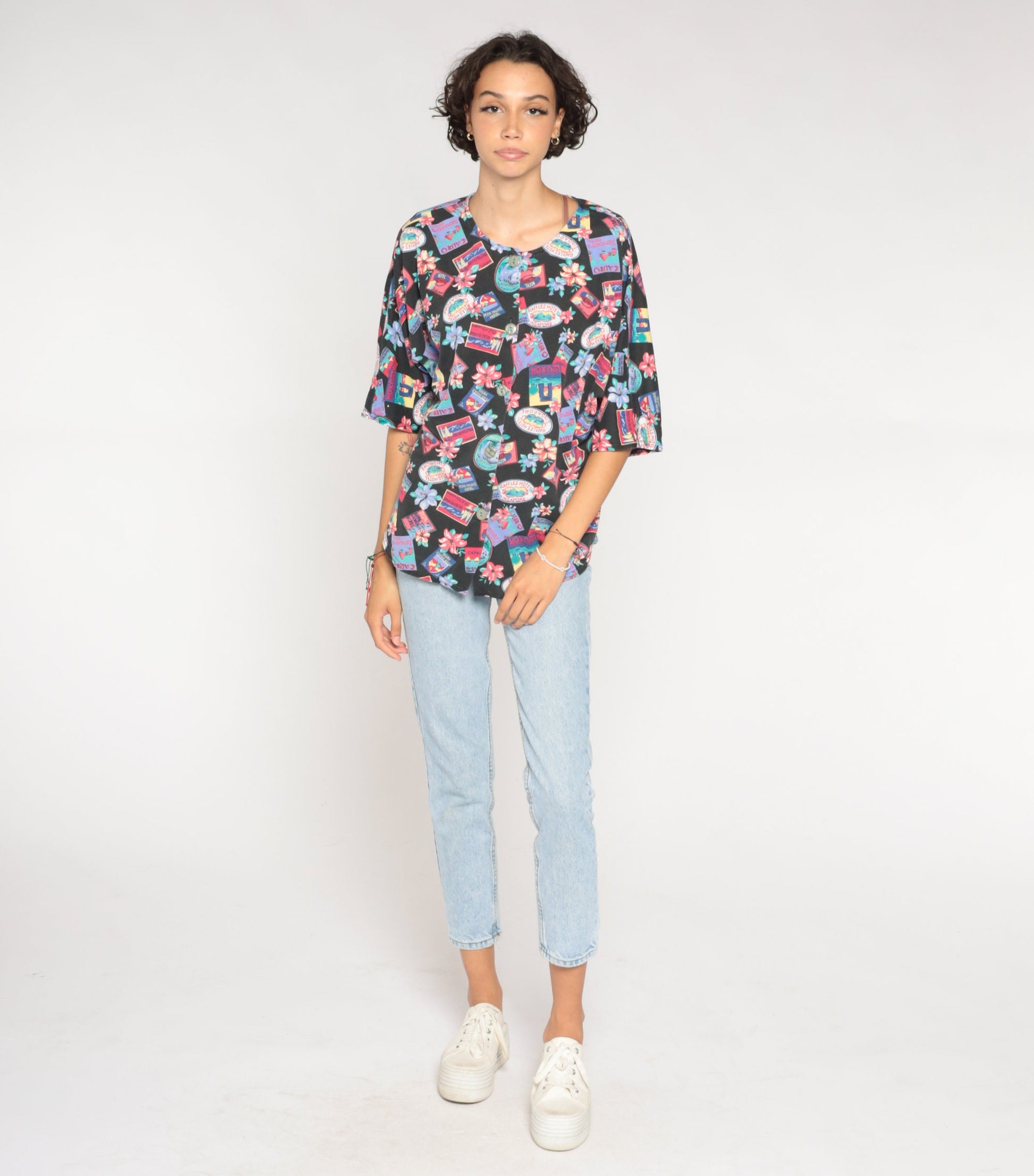 90s Tropical Travel Print Button-Up Shirt Black Graphic Blouse Extra Large