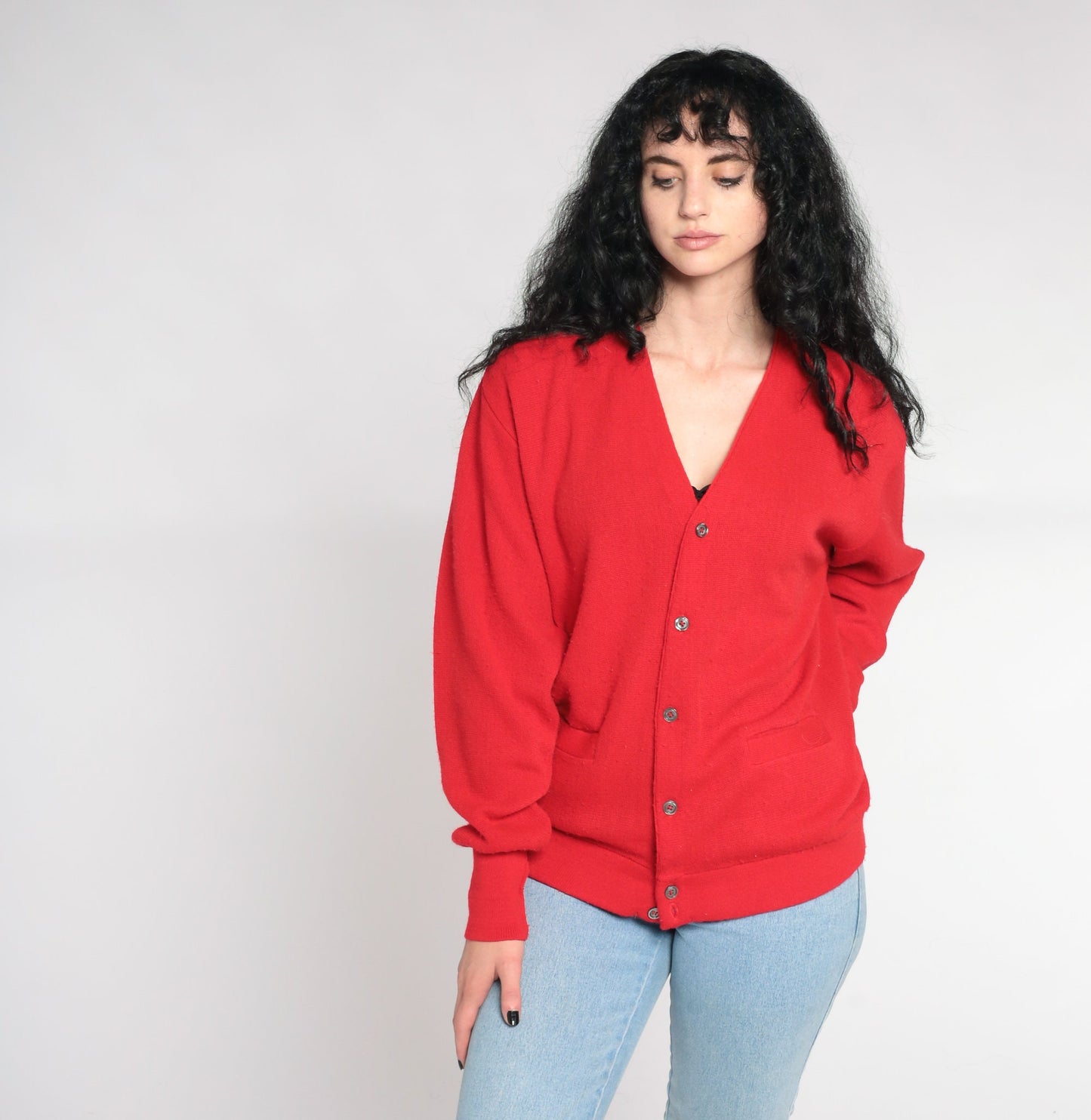 80s Red Knit Cardigan V-Neck Button-Up Sweater Large L
