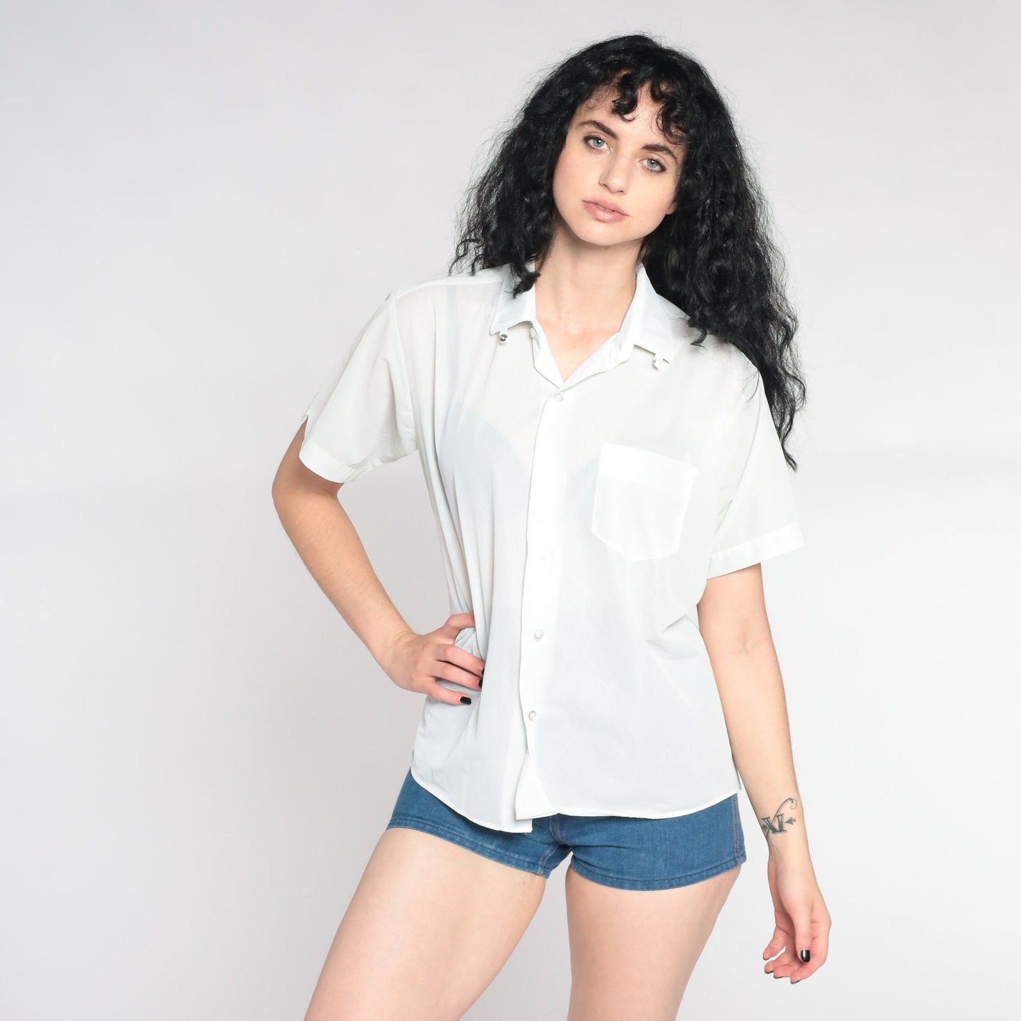 90s Mint Green Pinstripe Button-Up Shirt Semi-Sheer Short Sleeve Large