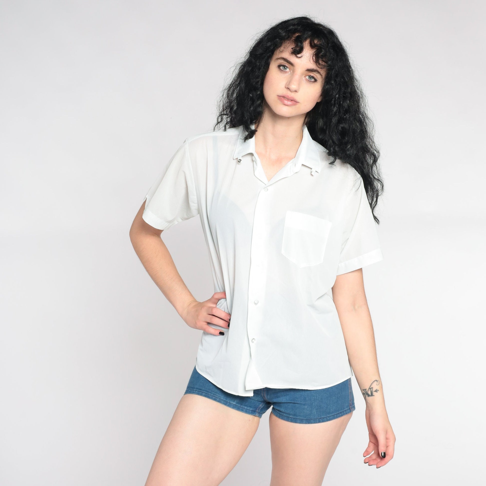90s Mint Green Pinstripe Button-Up Shirt Semi-Sheer Short Sleeve Large