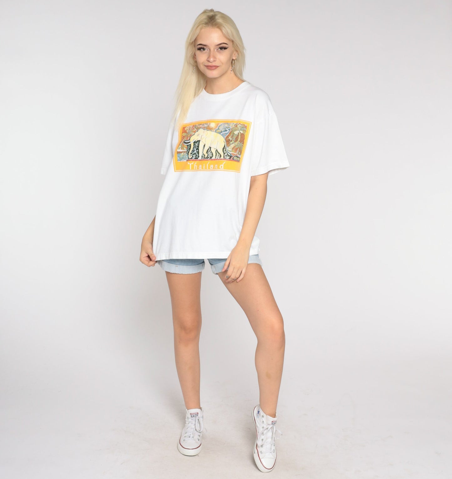 Y2K Thailand Elephant Graphic T-Shirt White Tourist Tee Men's Large