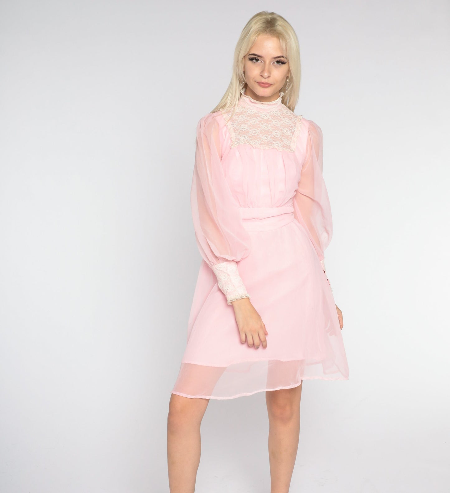 70s Pink Chiffon Mini Dress High Neck Lace Bib Long Sleeve Extra Small