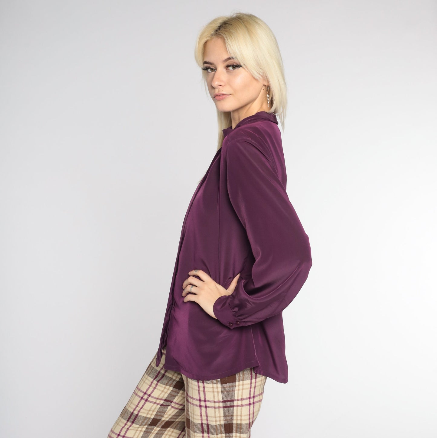 80s Pendleton Eggplant Blouse Long Sleeve High Neck Hidden Button Shirt Large L