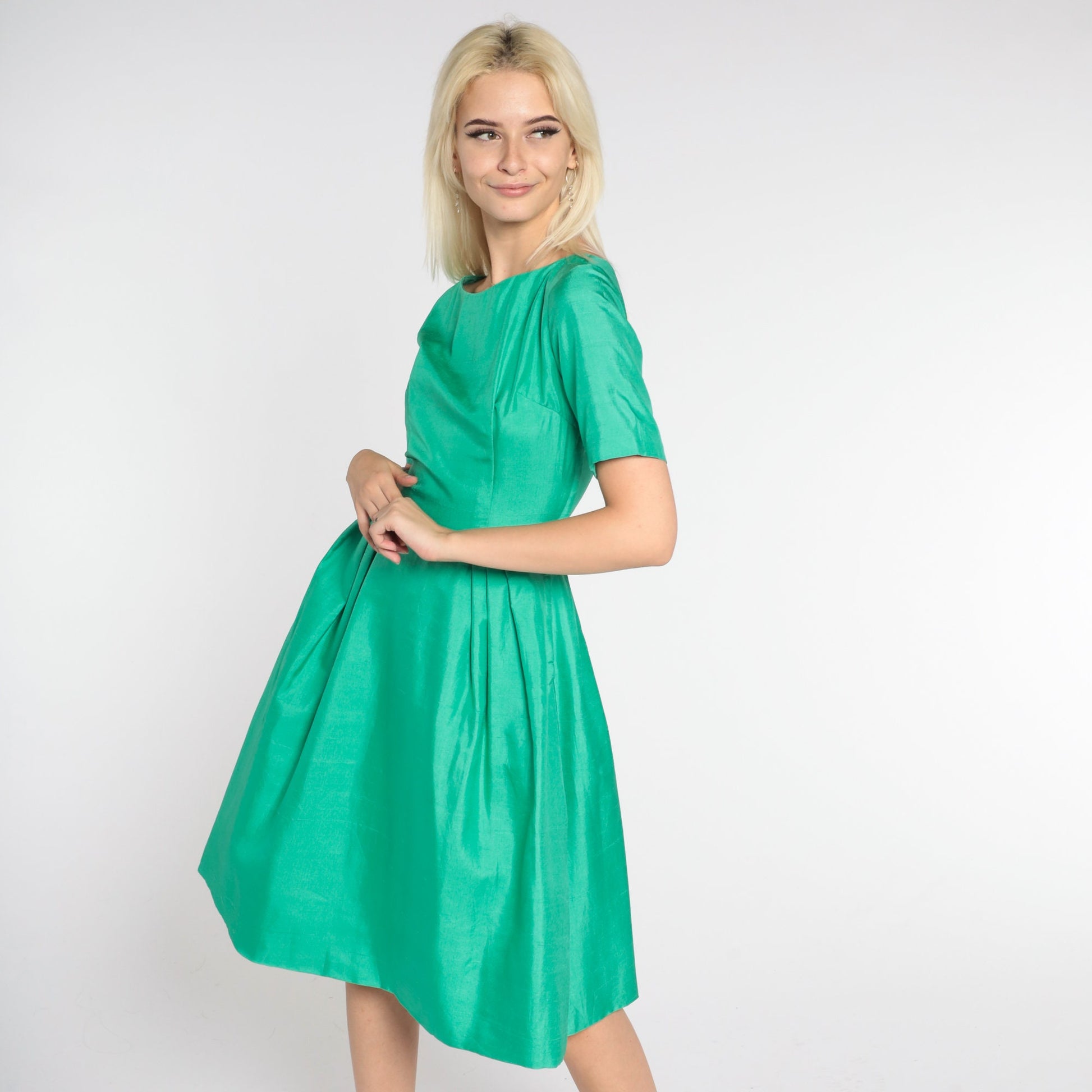 60s Green Knee-Length Dress High Waist A-Line Short Sleeve Extra Small