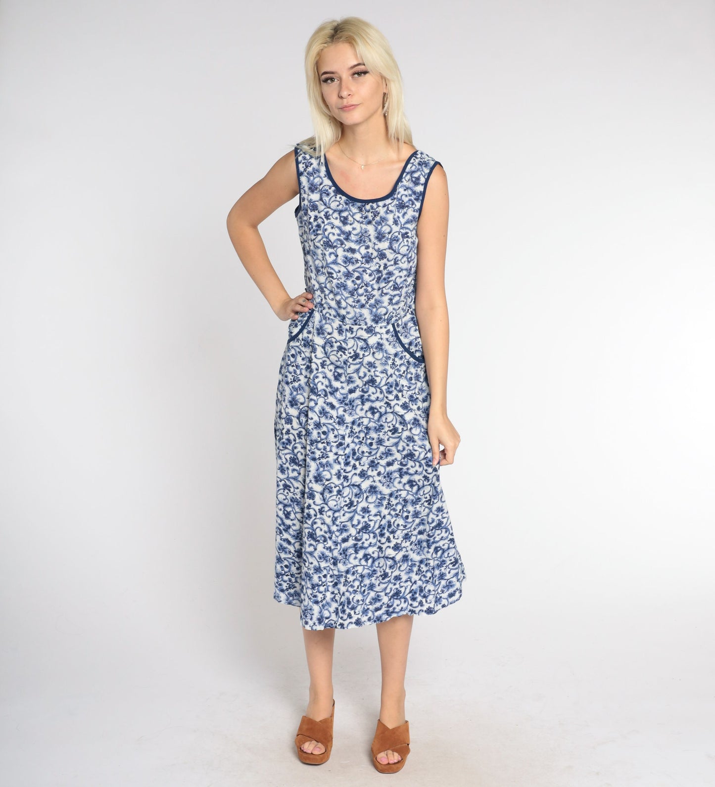 1960s Floral Midi Dress Blue White Rhinestone Beaded High Waist A-Line Medium
