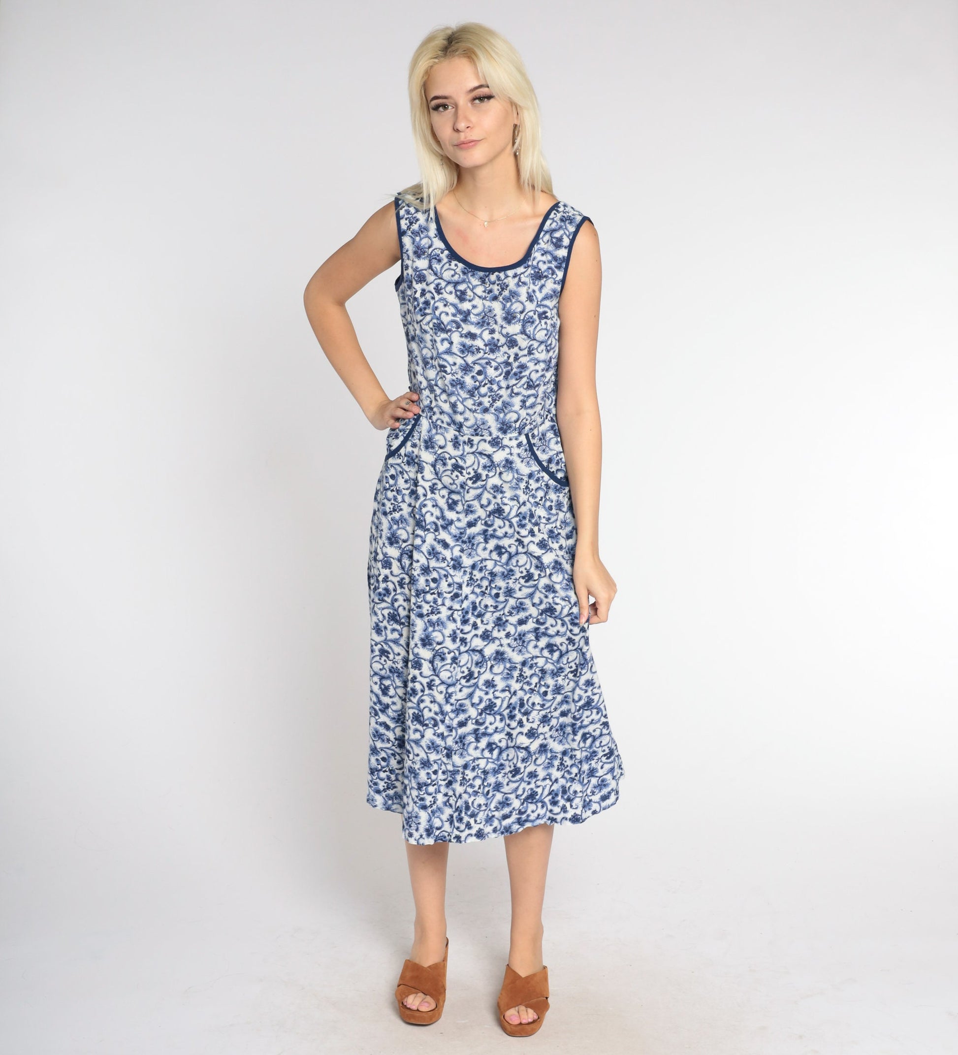 1960s Floral Midi Dress Blue White Rhinestone Beaded High Waist A-Line Medium