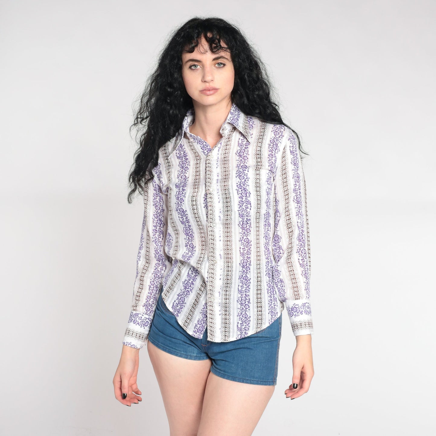 70s Striped Floral Dagger Collar Button-Up Shirt White Purple Small