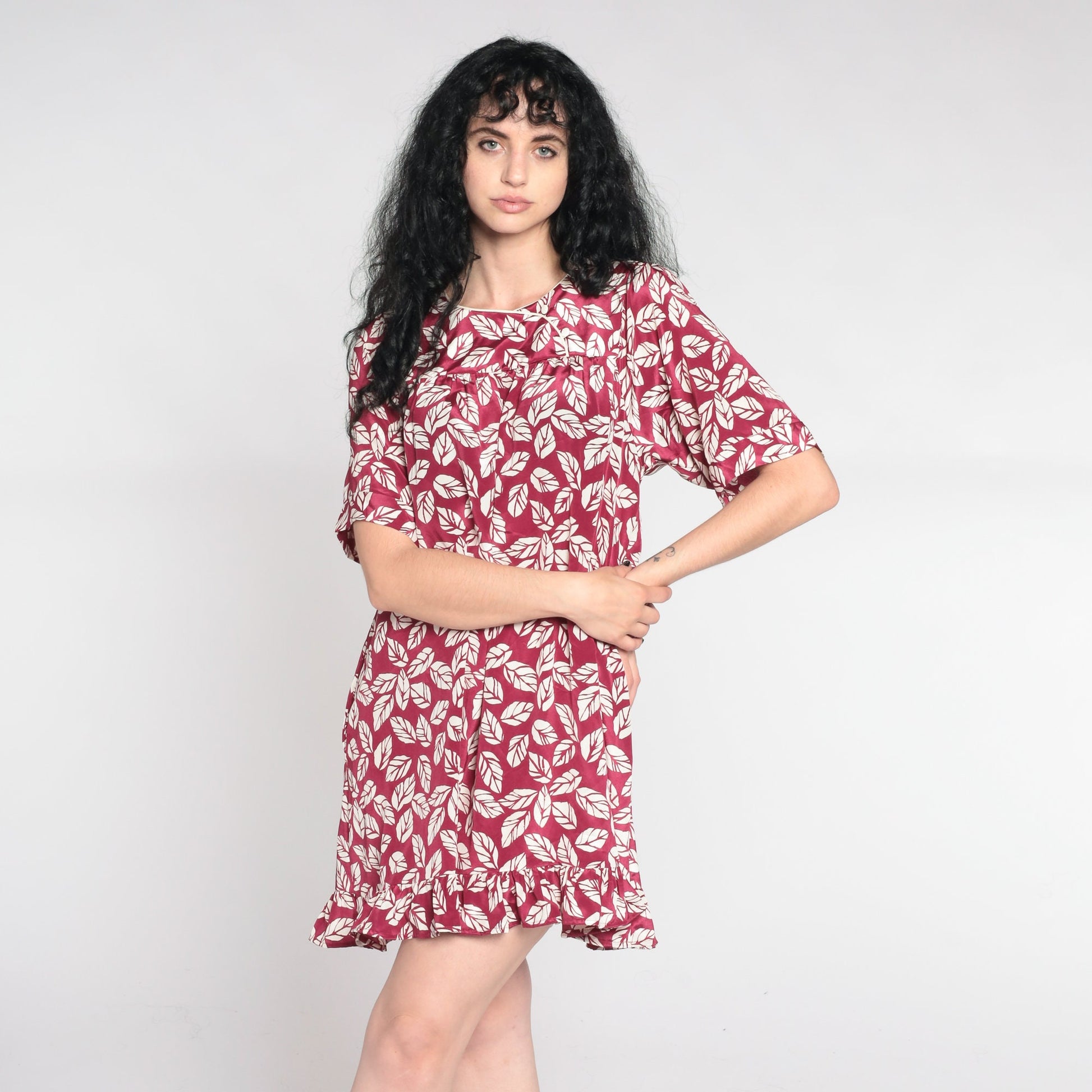 90s Leaf Print Tent Dress Dark Raspberry Red Mini Yoke Short Sleeve Small Medium