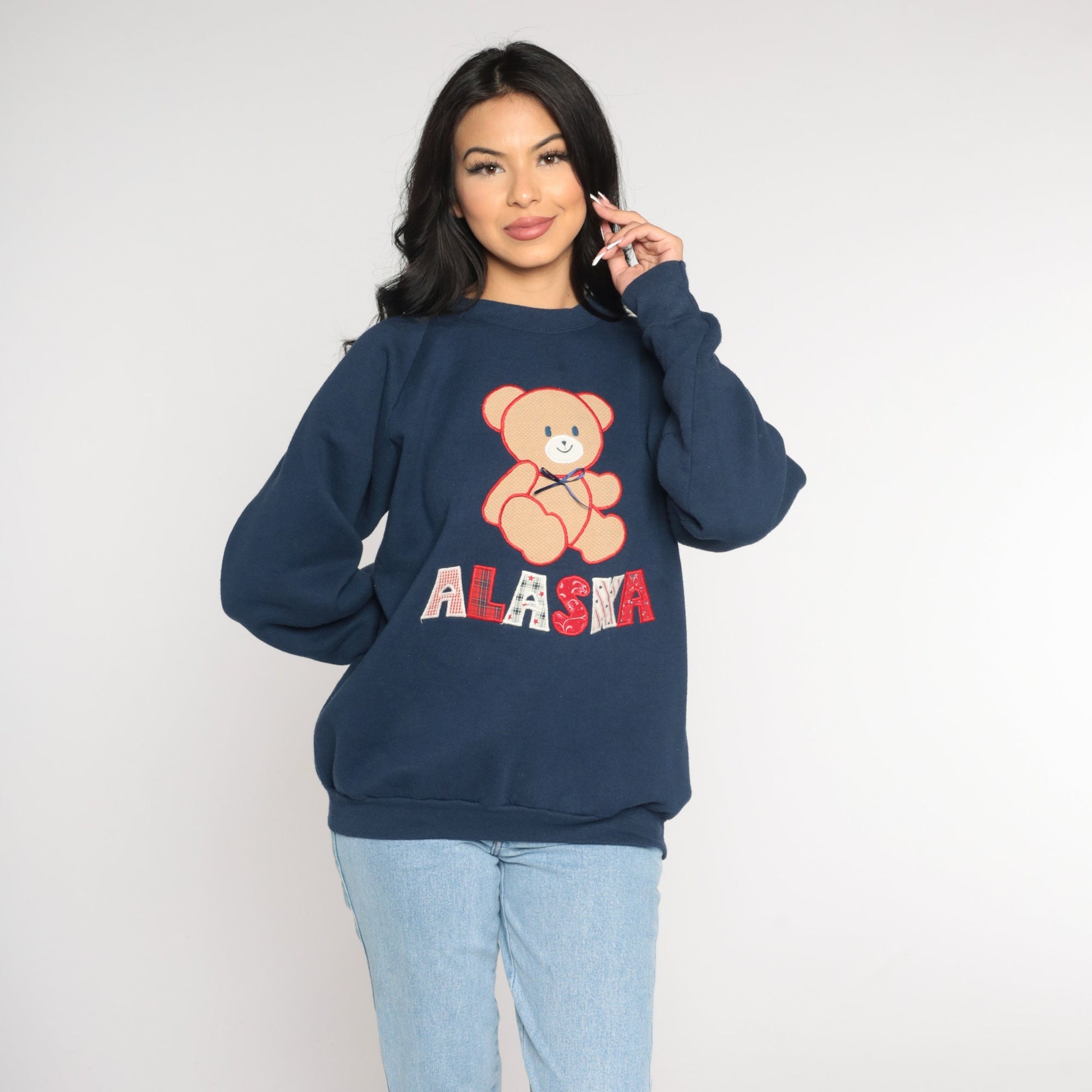 90s Alaska Patchwork Teddy Bear Sweatshirt Navy Raglan Extra Large XXL