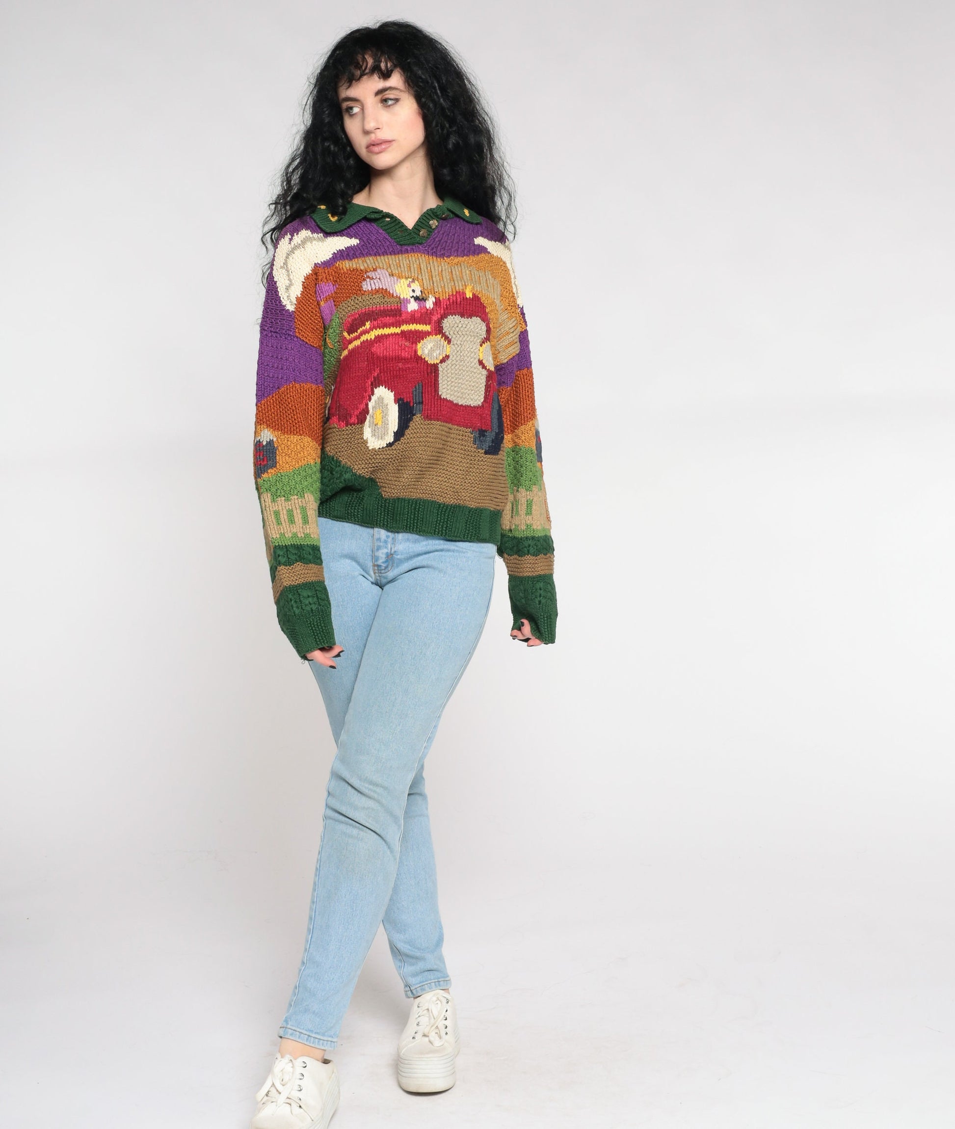 90s Princess Car Jacquard Knit Sweater Cotton Pullover Large L