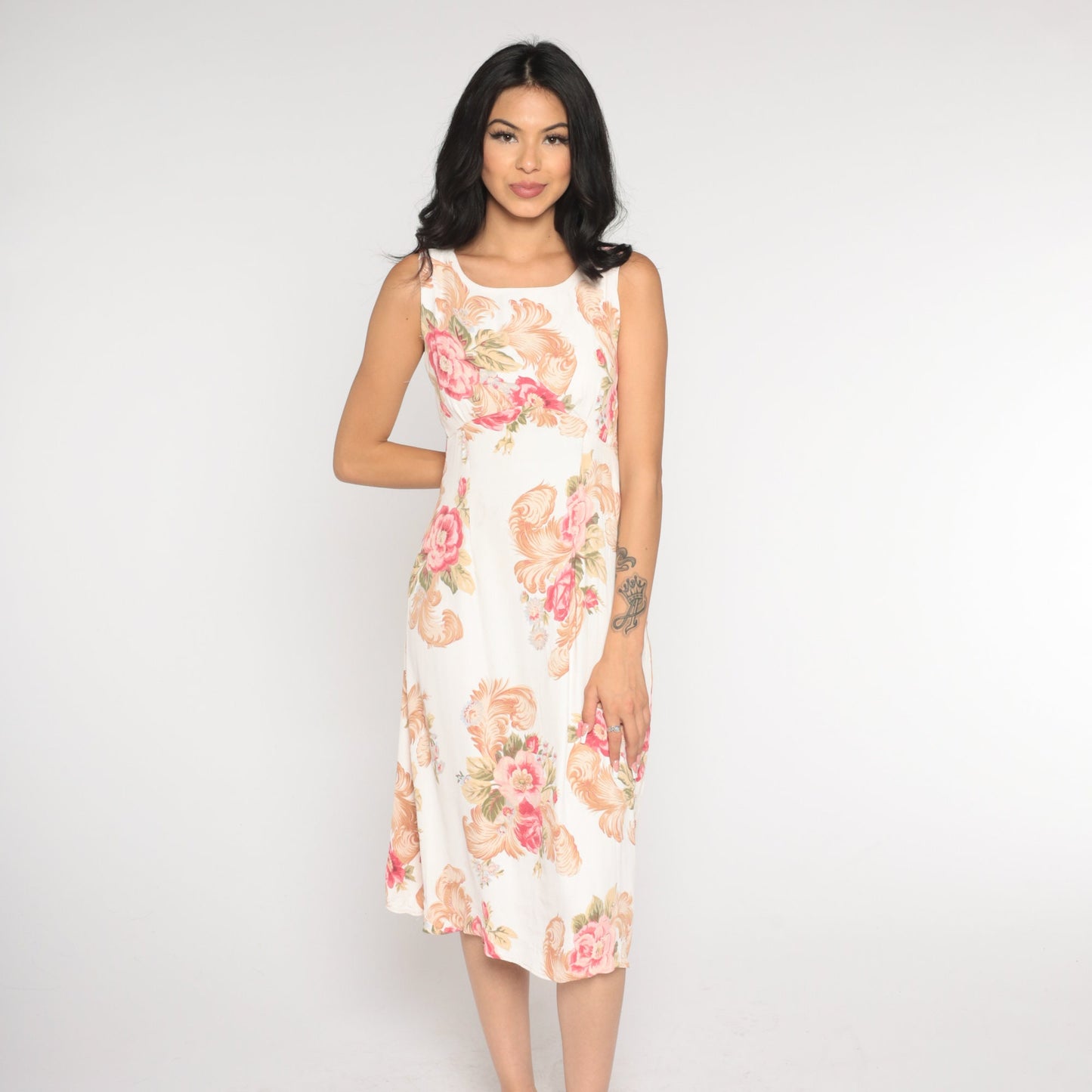 90s White Floral Midi Sundress Empire Waist Cutout Back Small