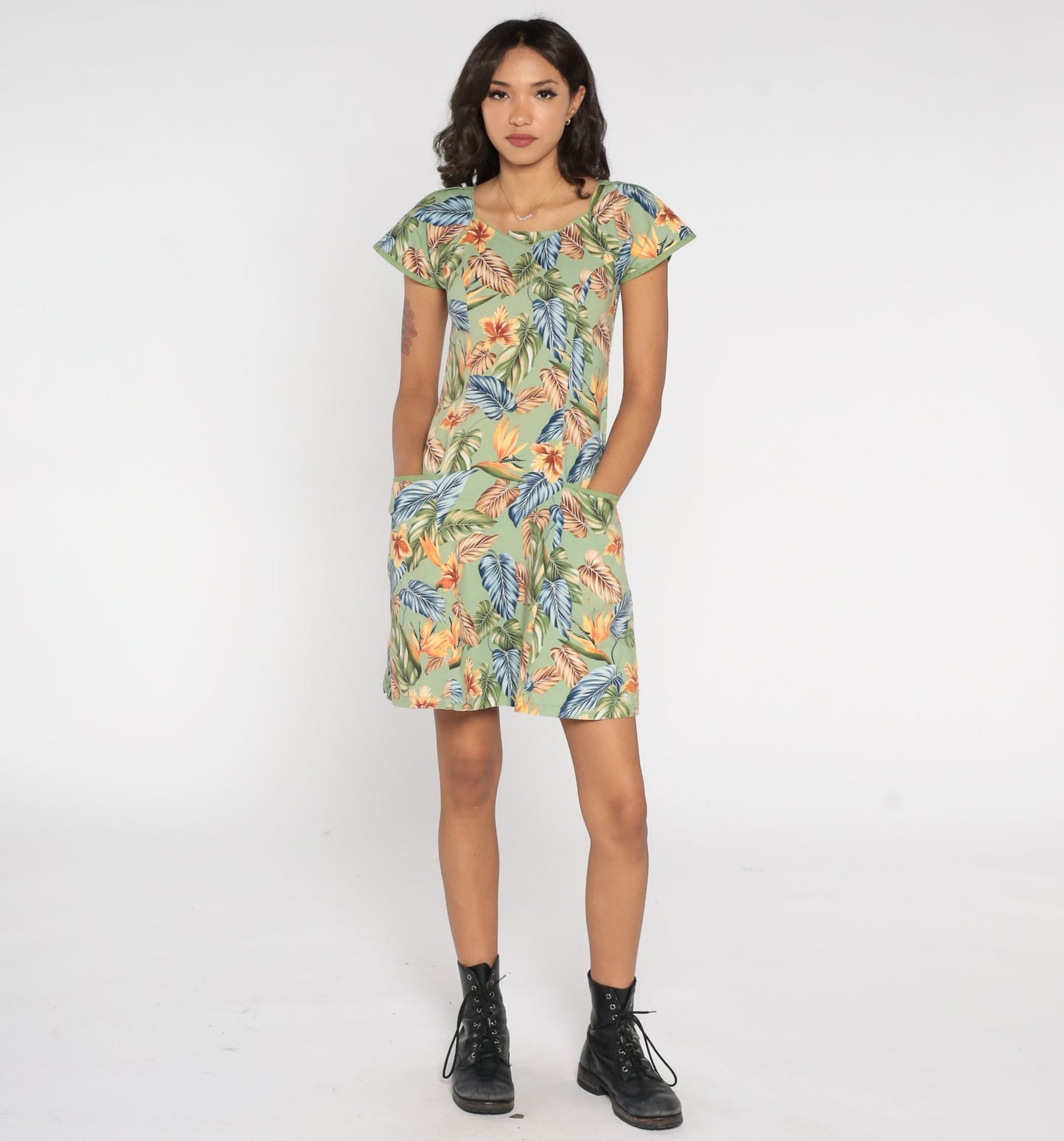 Y2K Tropical Floral Green Mini Dress Cap Sleeve Shift Cotton Extra Small