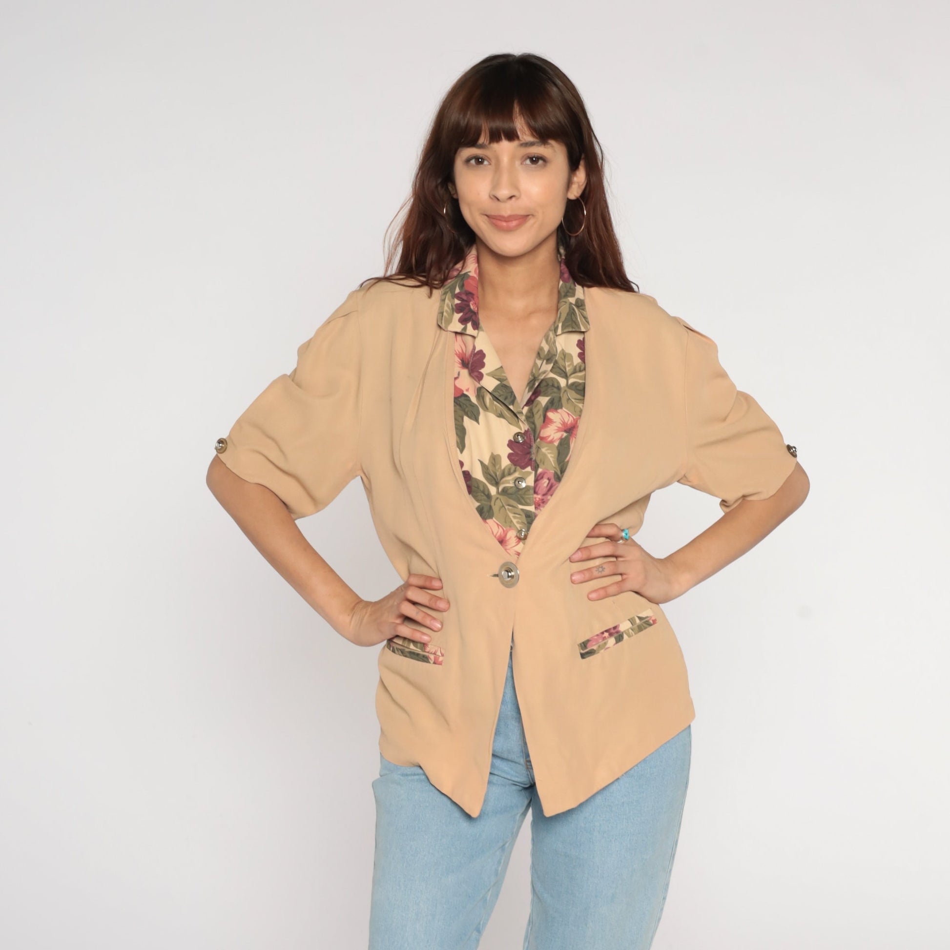 90s Tan Floral Button-Up Blouse Short Sleeve V-Neck Trim Large L