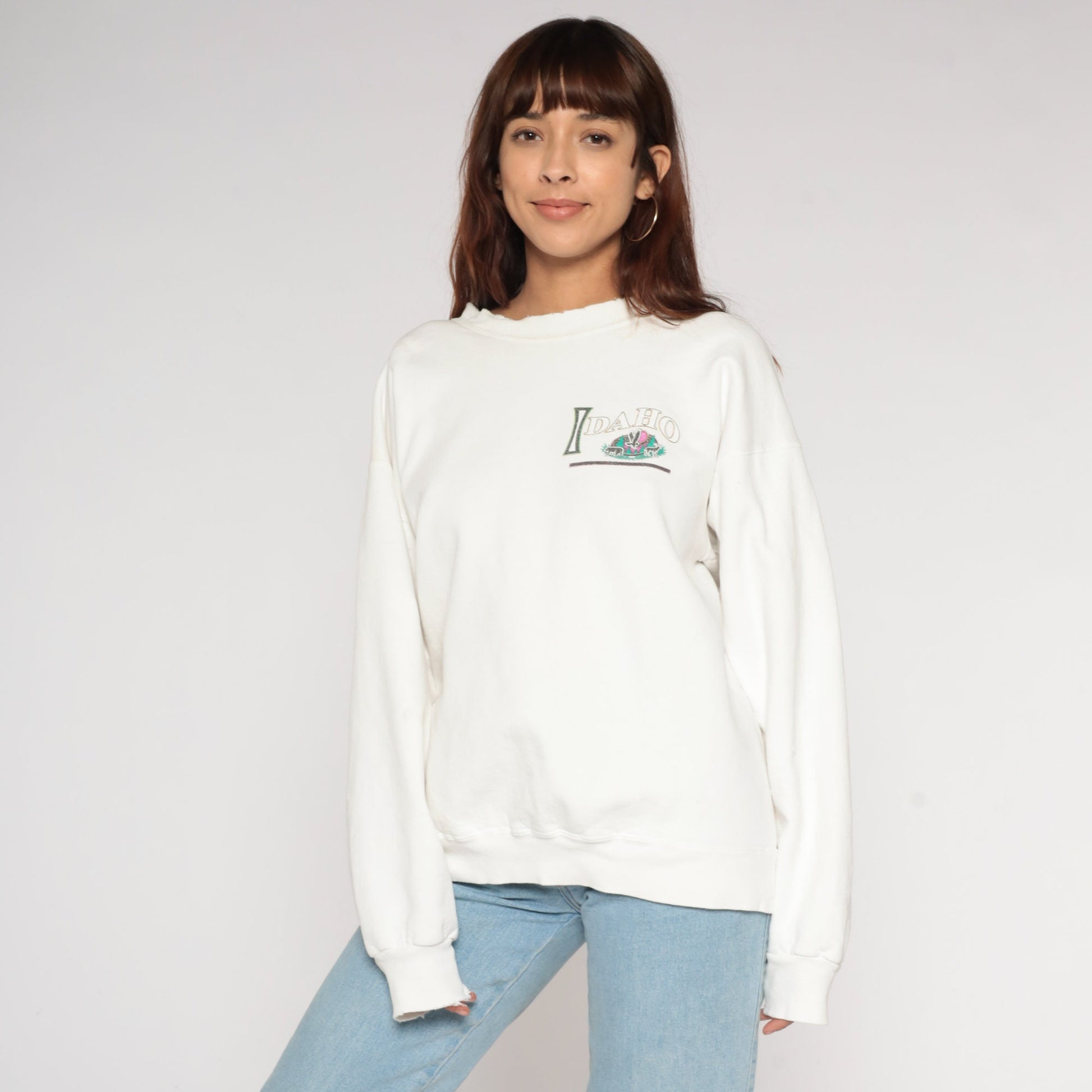 90s Idaho Gem State Wildlife Graphic Sweatshirt White Crewneck Large