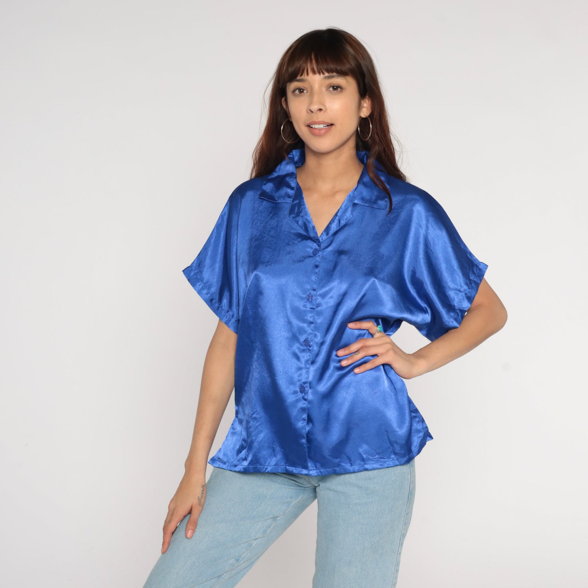 00s Blue Satin Button-Up Blouse Short Sleeve Shirt Large L