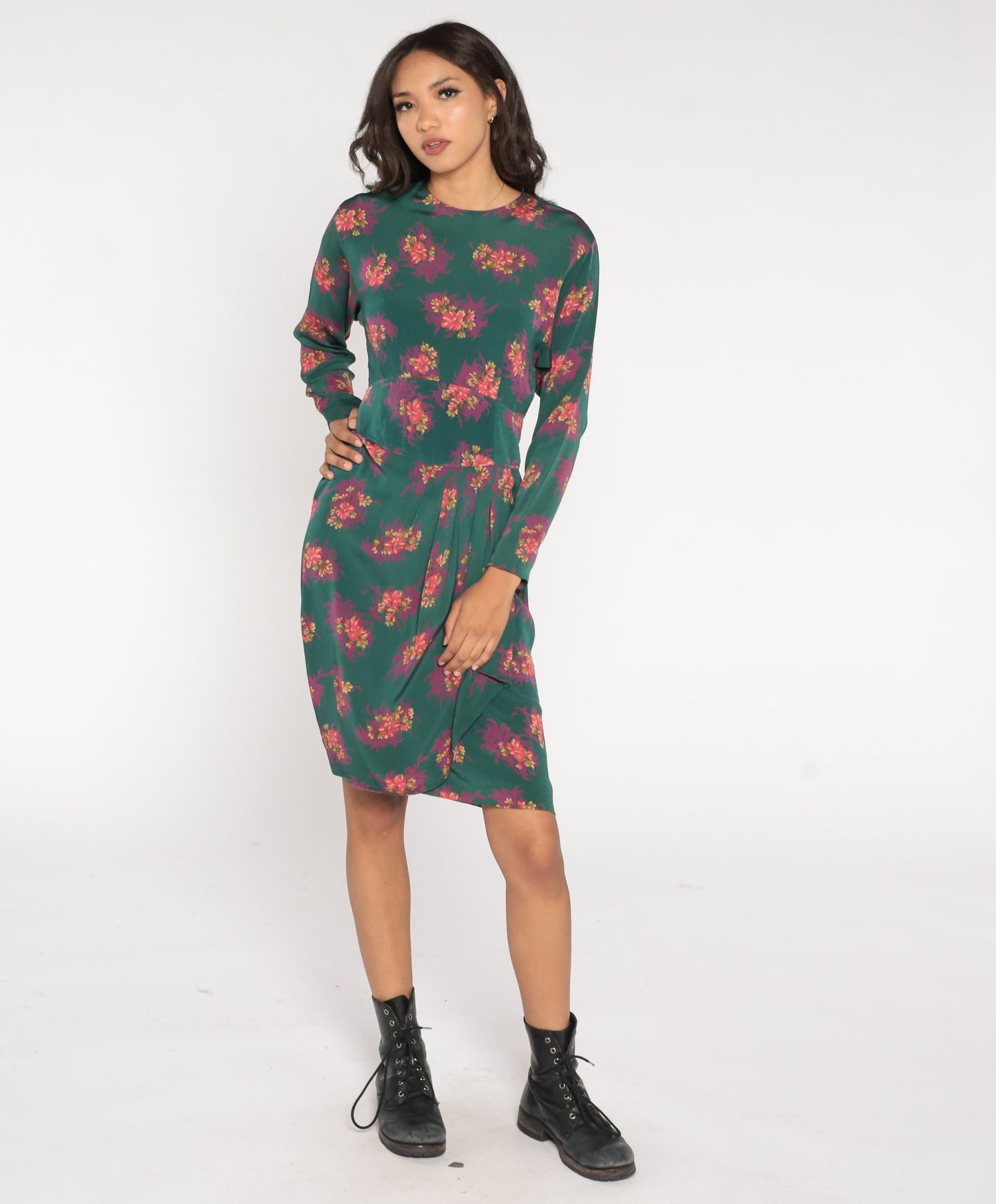 90s Liz Claiborne Green Floral Tulip Hem Sheath Dress Knee Length Medium