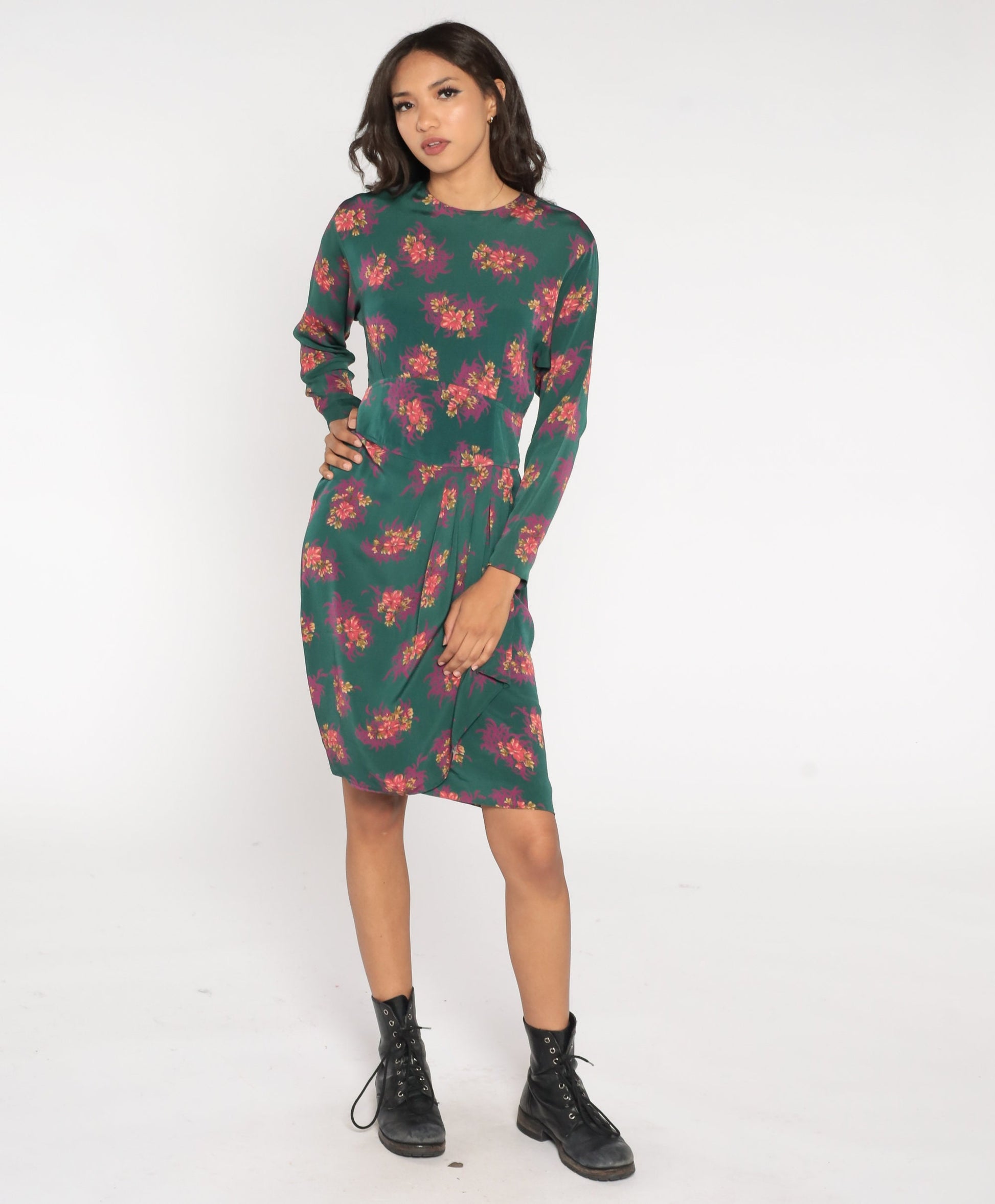 90s Liz Claiborne Green Floral Tulip Hem Sheath Dress Knee Length Medium