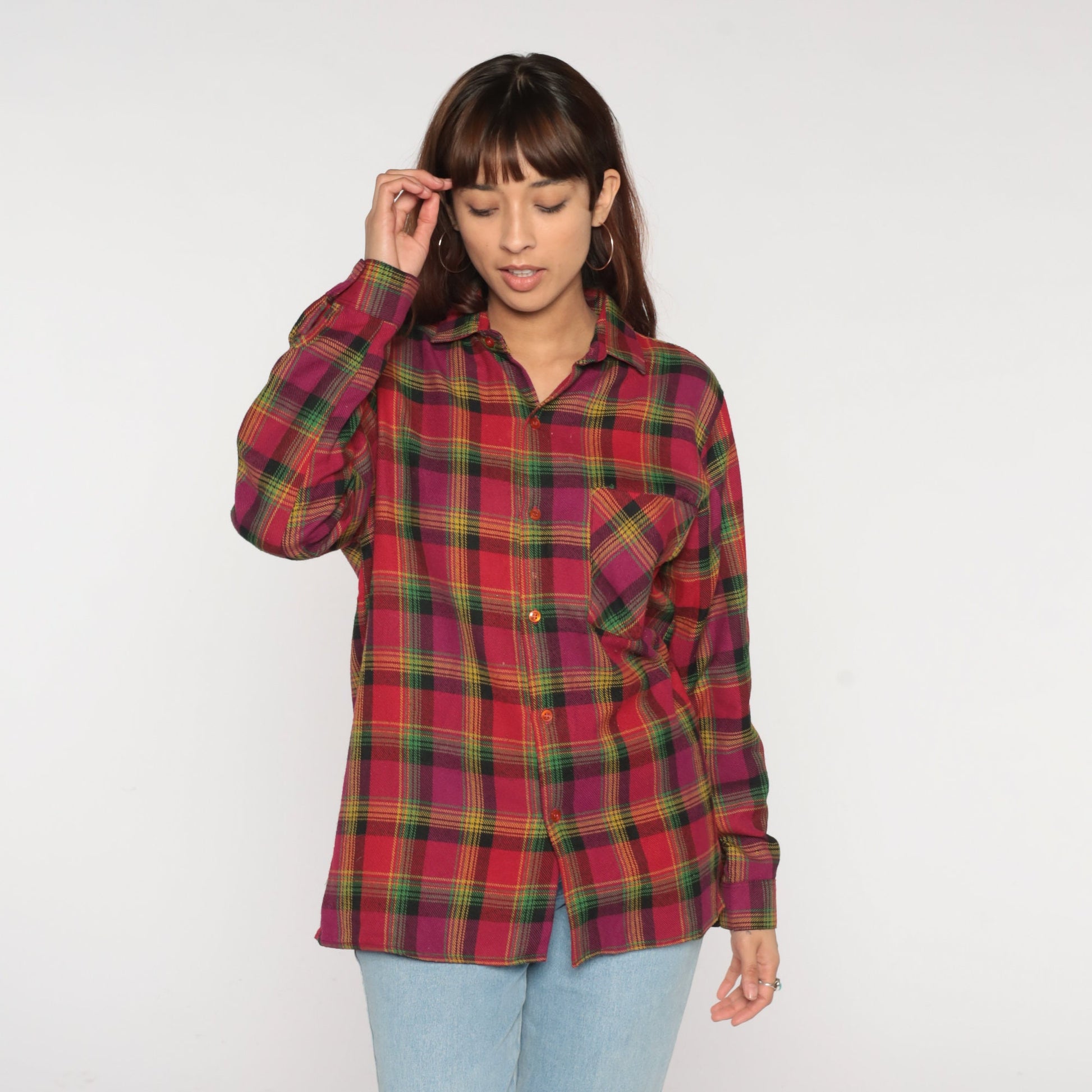 90s Red Plaid Flannel Shirt Button-Up Long Sleeve Collared Medium M