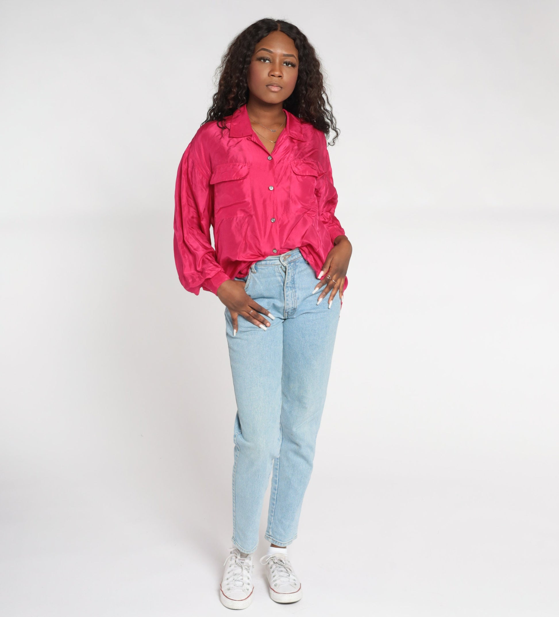 00s Hot Pink Silk Button-Up Blouse Long Sleeve Collared Shirt Large L