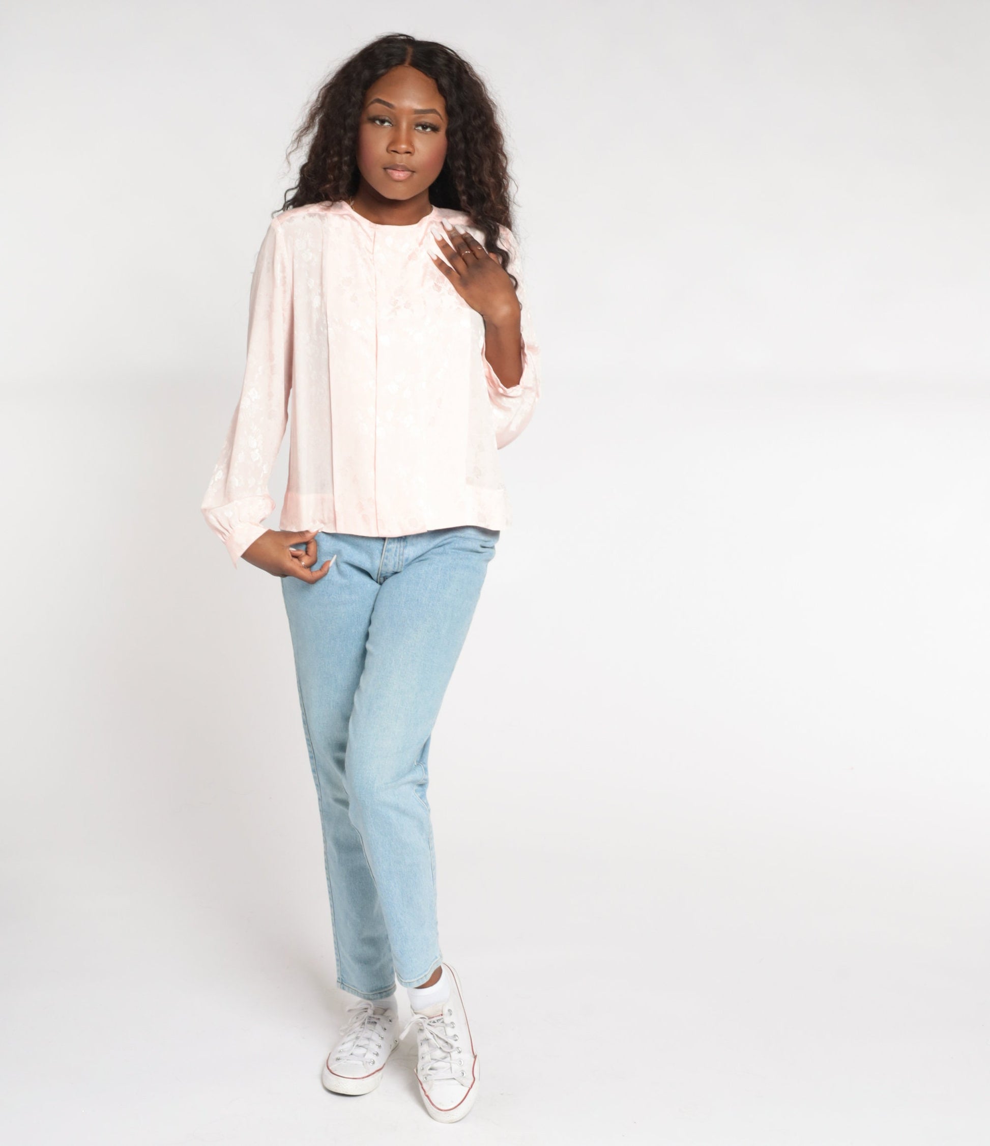 90s Baby Pink Embossed Floral Blouse Pleated Long Sleeve Large