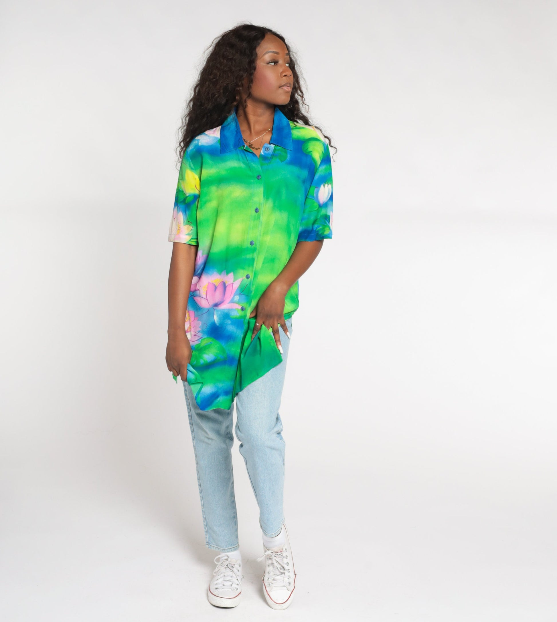 Y2K Water Lily Floral Button Up Blouse Blue Green Pink Short Sleeve Medium Large