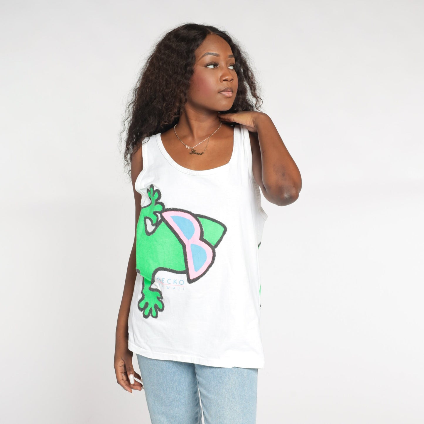 90s Gecko Hawaii Tank Top White Graphic Lizard Sleeveless Tee Large