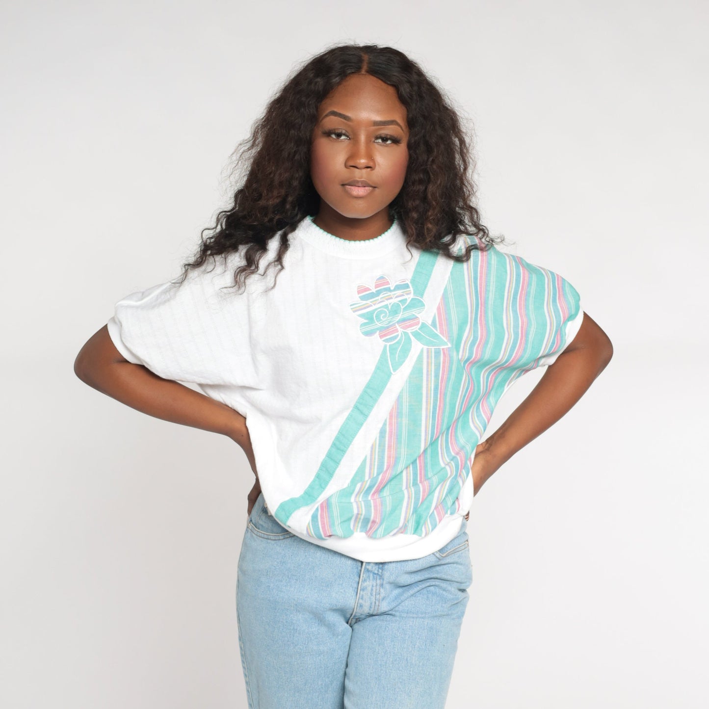 90s Floral Striped Colour Block Ribbed Shirt White Green Medium M