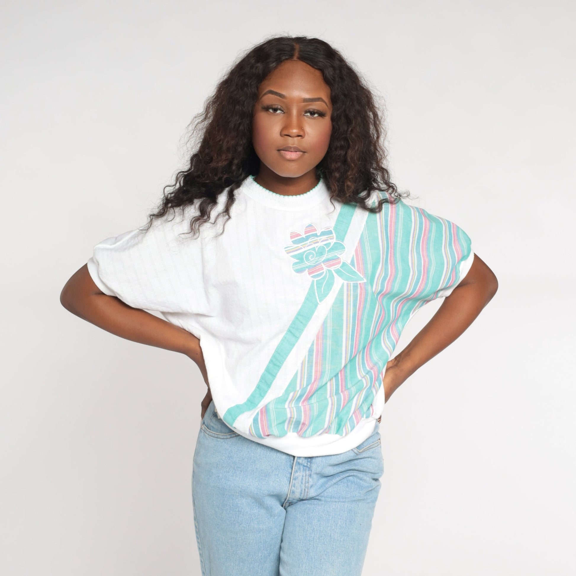 90s Floral Striped Colour Block Ribbed Shirt White Green Medium M