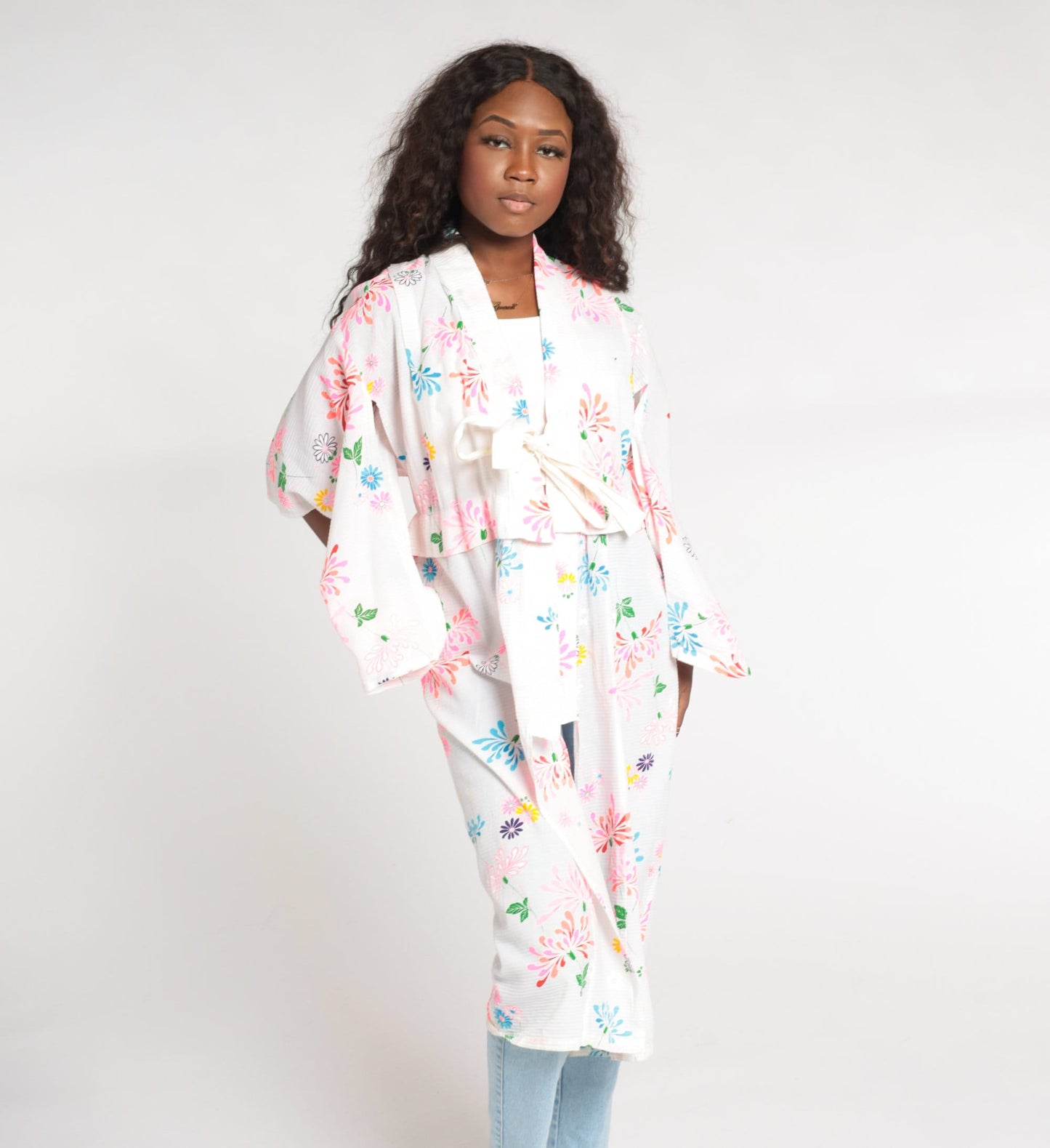 90s White Floral Kimono Robe Midi Length Tie Front Small Medium Large