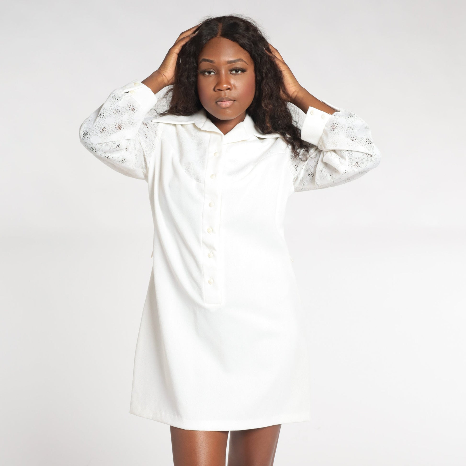 70s White Mini Shift Dress Dagger Collar Long Sleeve Button-Up Medium M