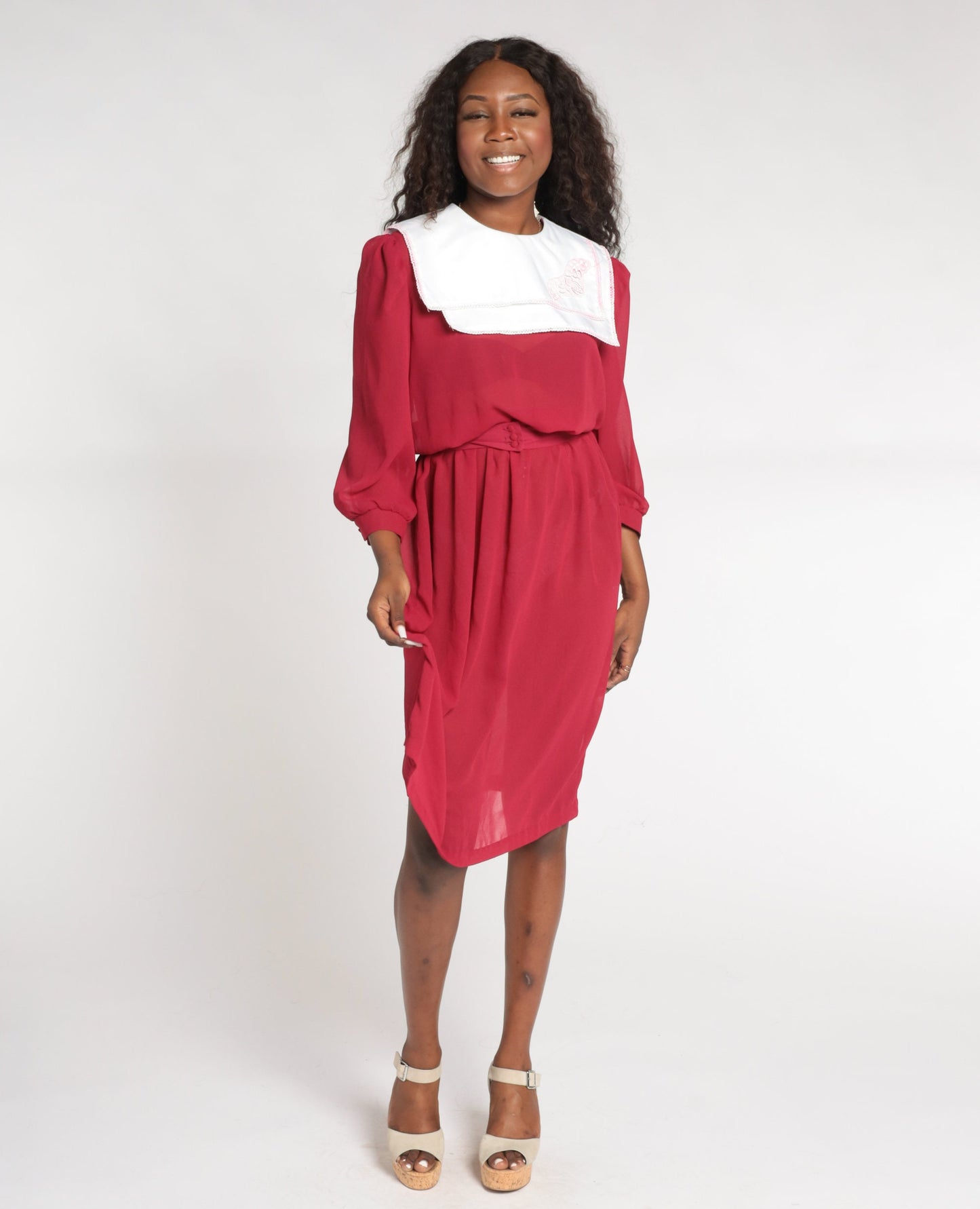 80s Red Sheer Midi Dress White Floral Embroidered Bib Puff Sleeve Small Medium