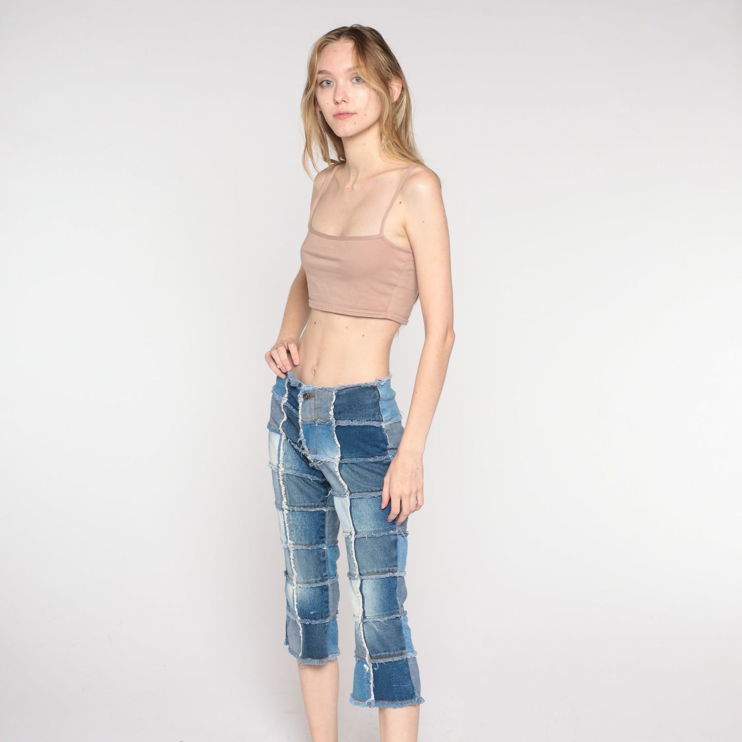 Y2K Patchwork Cropped Jeans Blue Low Rise Capri Denim Extra Small XS
