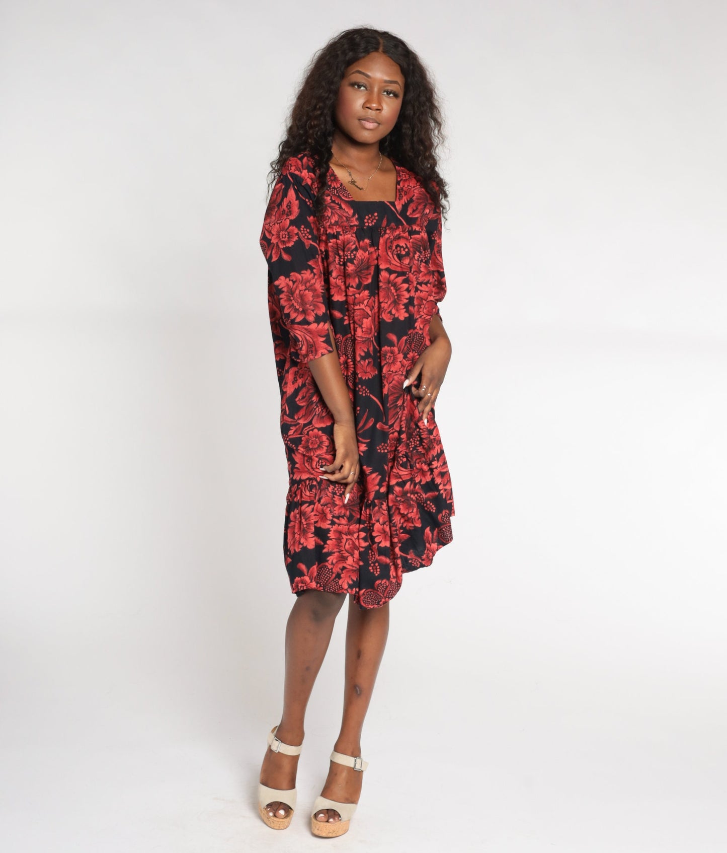 90s Black Red Floral Tent Dress Knee Length Cotton 3/4 Sleeve Medium M