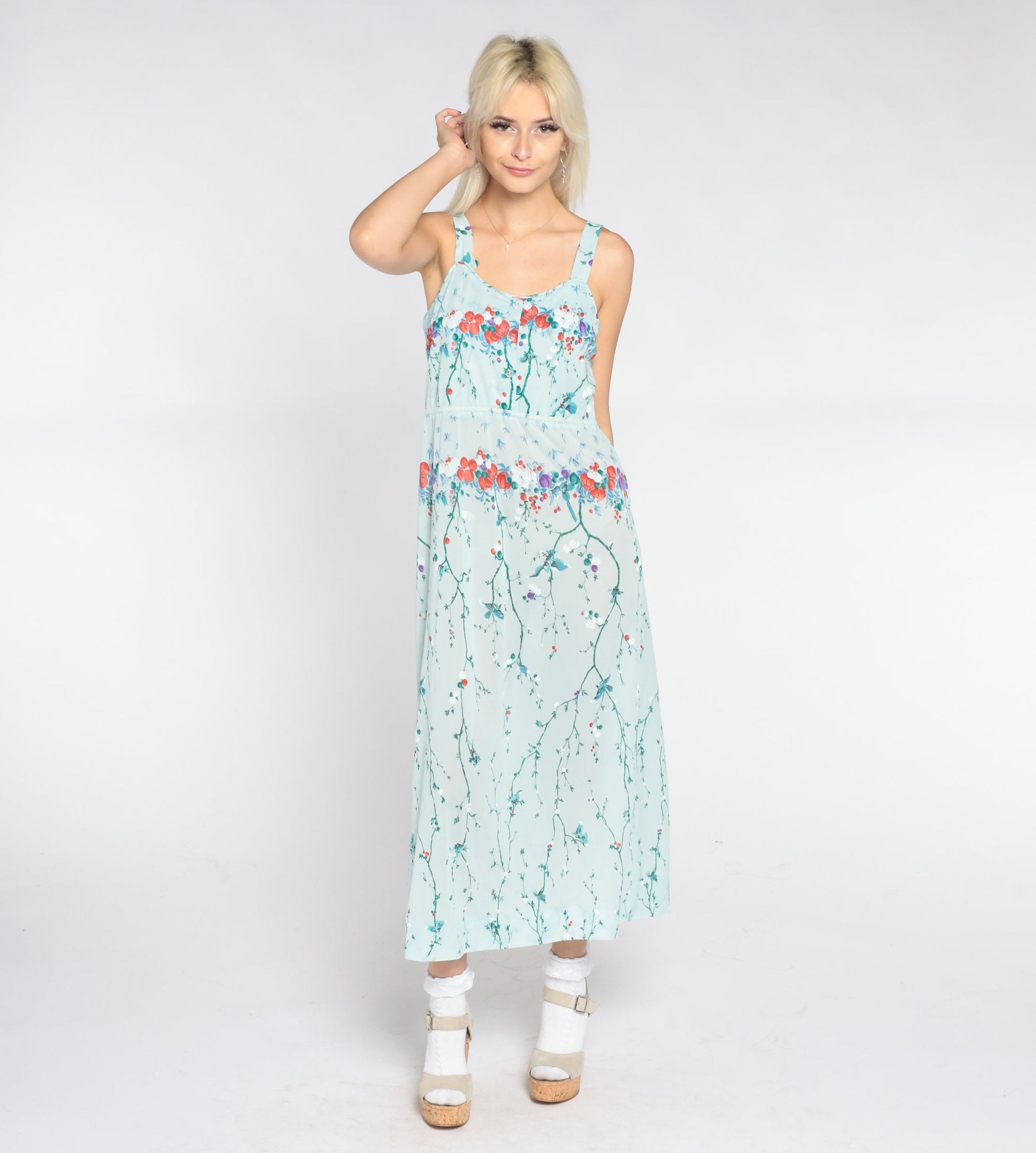 70s Baby Blue Floral Midi Dress Asian Inspired Bird Branch Print Sleeveless Small