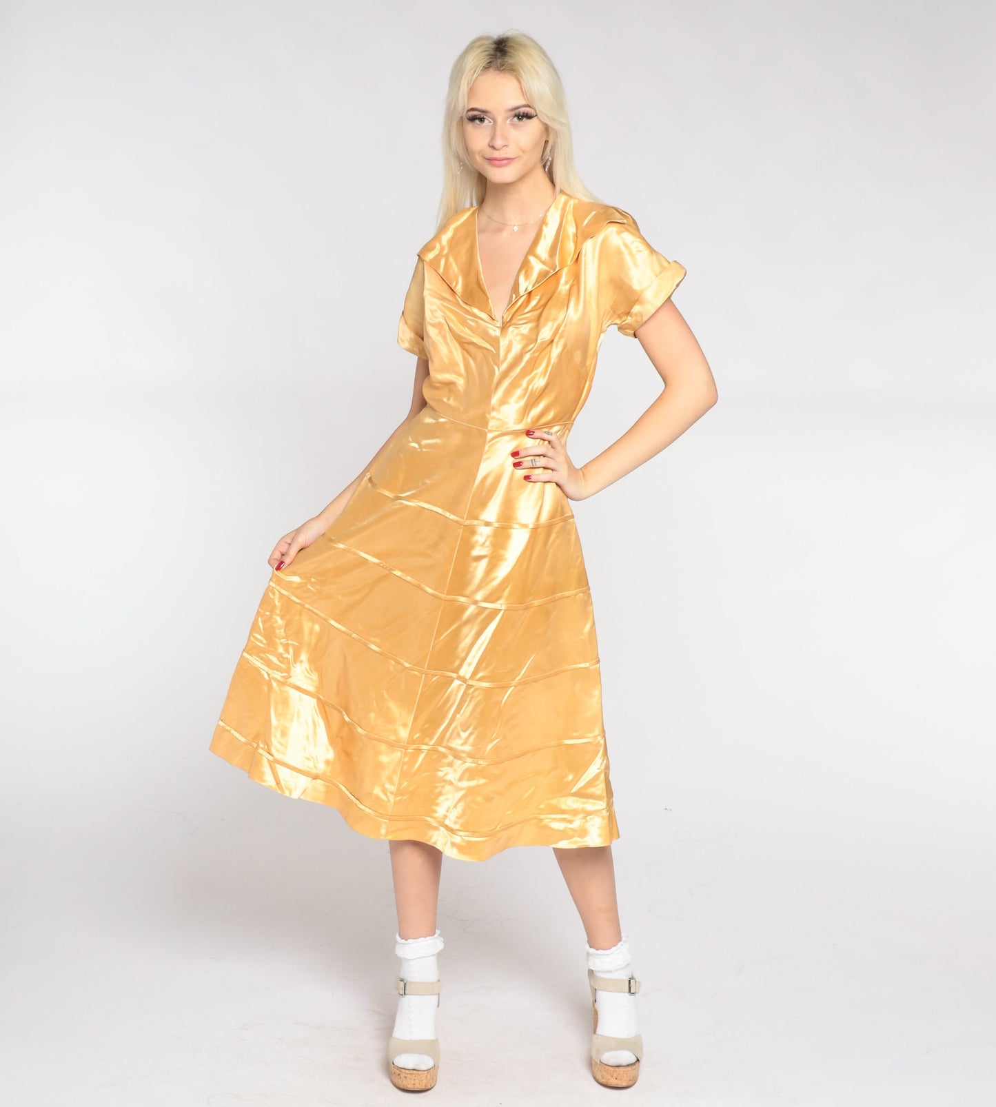 1940s Gold Silk Satin Midi Dress V-Neck Collared Short Sleeve Small S